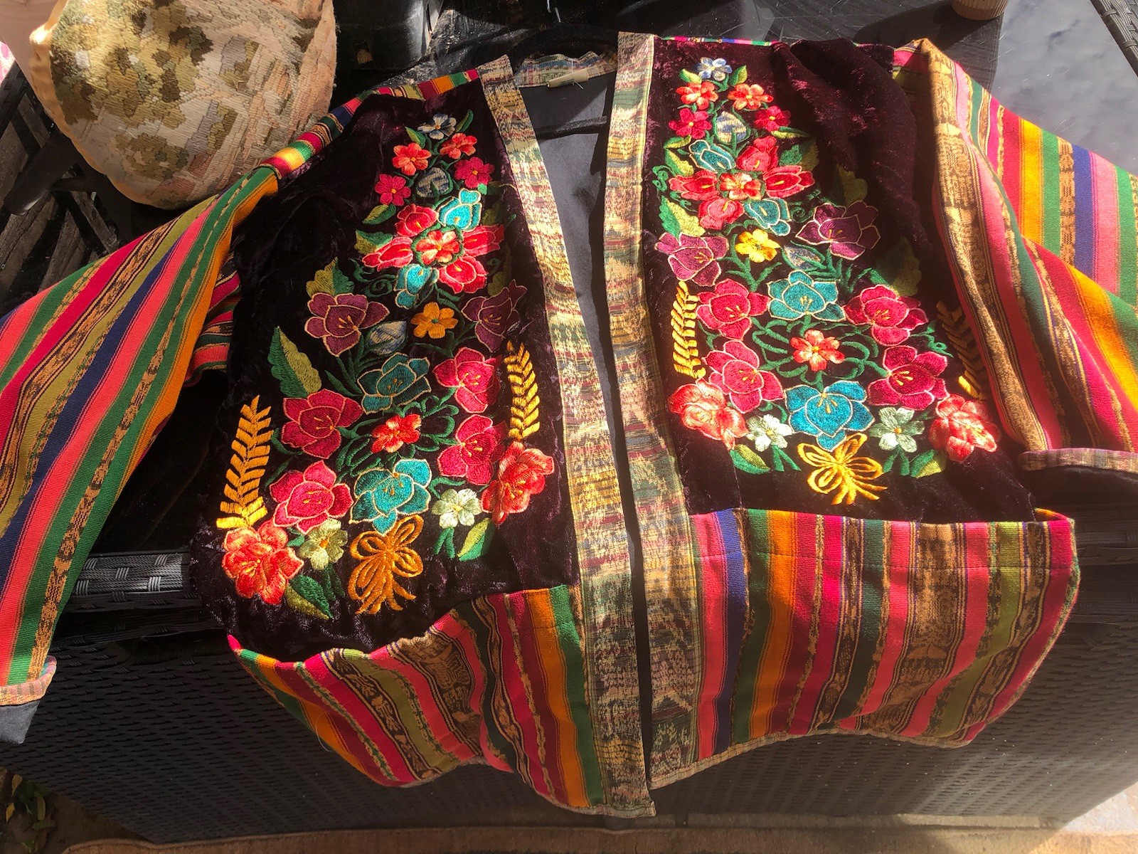 Artisan Guatemalan Jacket Floral Embroidery Velvet Stripe Tapestry BNWOT