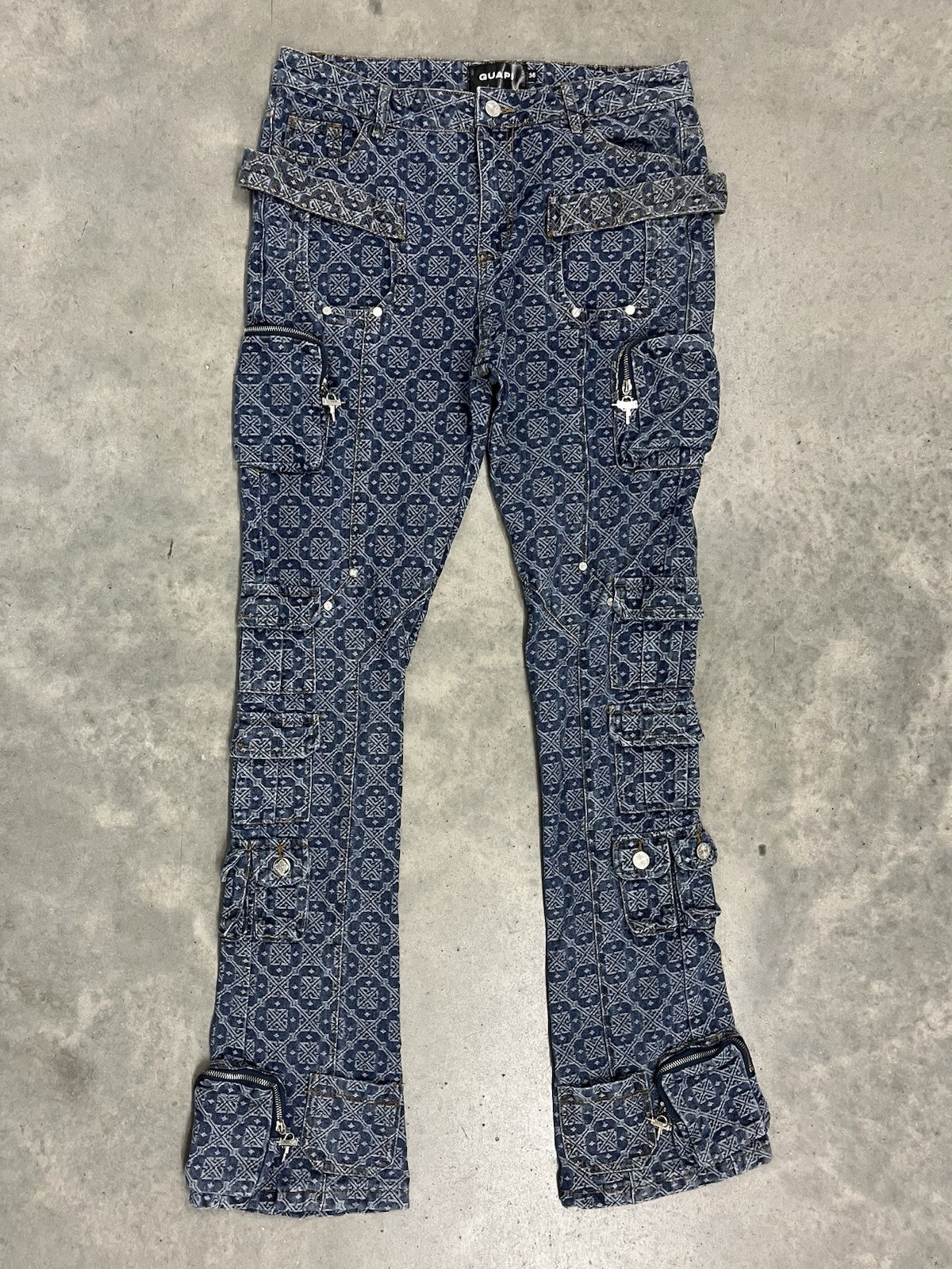 GUAPI Blue Logo Monogram Denim Cargo Pants Men\'s Size 36x38 Designer Streetwear