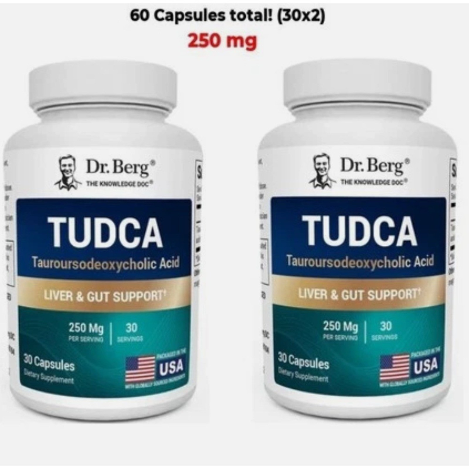 2 PACK - TUDCA,Tauroursodeoxycholic Acid supplement 250 mg,30 Caps(60 tota1)