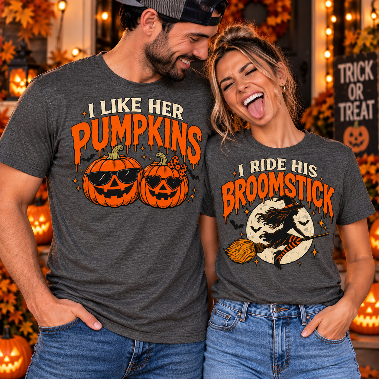 Halloween Couples Matching Shirts 2 Shirts Included Pumpkin Broomstick His Hers