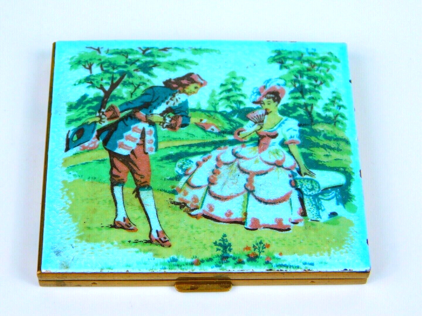 Antique Vintage Victorian Guilloche Enamel Compact Colonial Woman & Man Scene