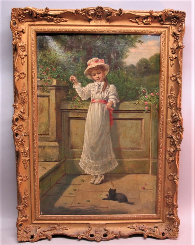 Fine 19th C. English Oil Painting D. W. HADDON Playing Kitten Cat, circa 1880*