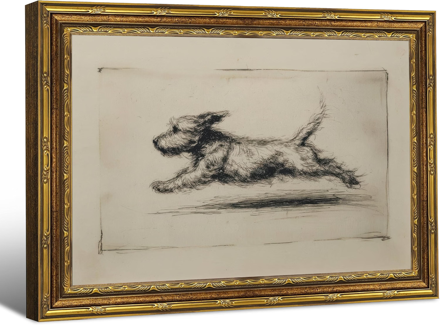 Vintage Gold Framed Wall Art Antique Terrier Sketch Running Dog Wall Decor 9x11 Vintage Gold Framed Wall Art Antique Terrier Sketch Running Dog Wall Decor 9x11