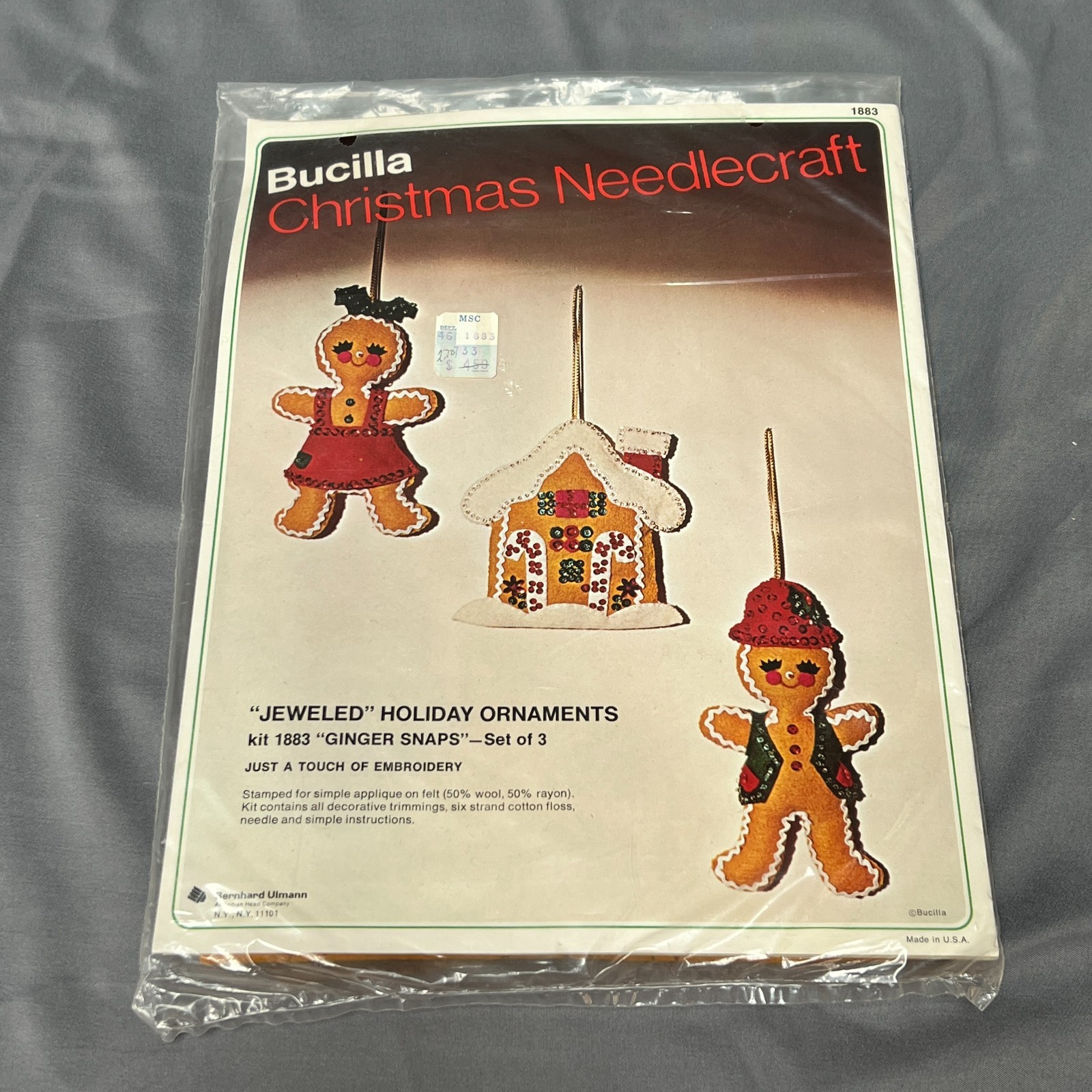 Vintage Bucilla Felt Jeweled Ornament Kit Ginger Snaps 1883 RARE NOS New USA