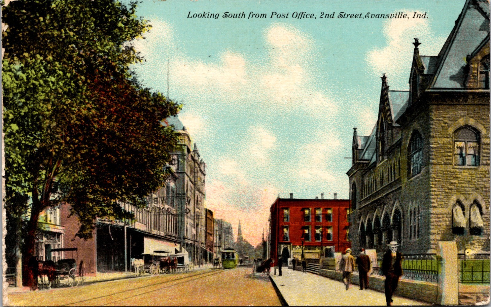 Evansville IN 2nd Street Looking South From Post Office Trolley 1912 Postcard