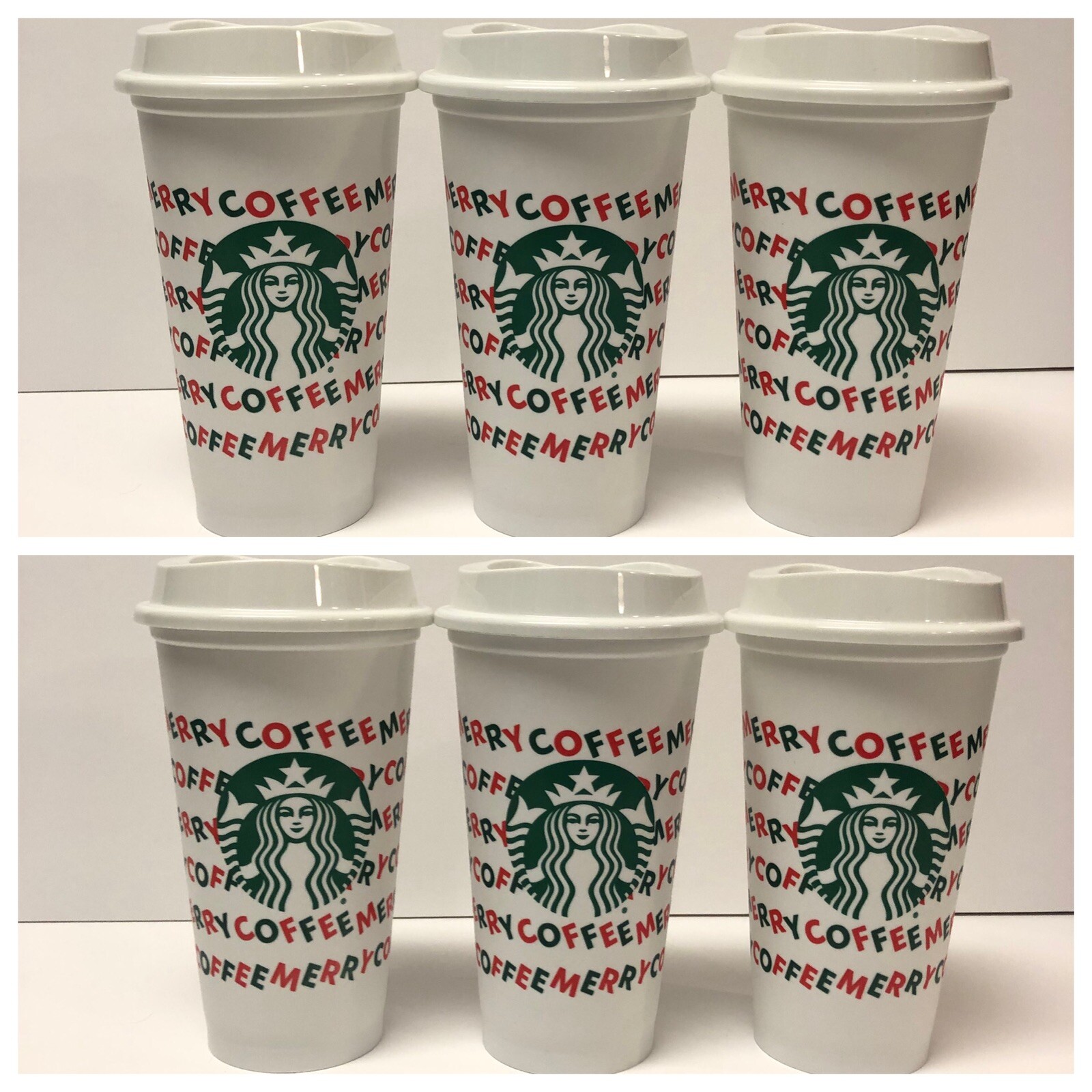 6x Starbucks MERRY COFFEE Reusable Cups Holidays W/Lids Set Xmas NEW 6x Starbucks MERRY COFFEE Reusable Cups Holidays W/Lids Set Xmas NEW