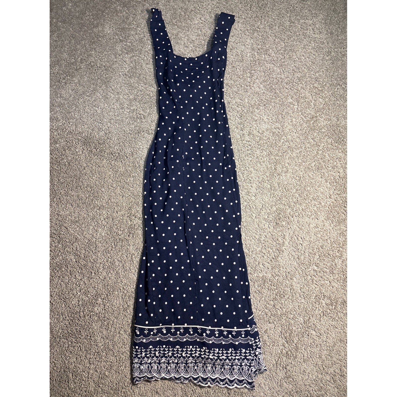 Vintage Knapp Studio California Vintage Navy Polka Dot Maxi Dress Embroidered Vintage Knapp Studio California Vintage Navy Polka Dot Maxi Dress Embroidered