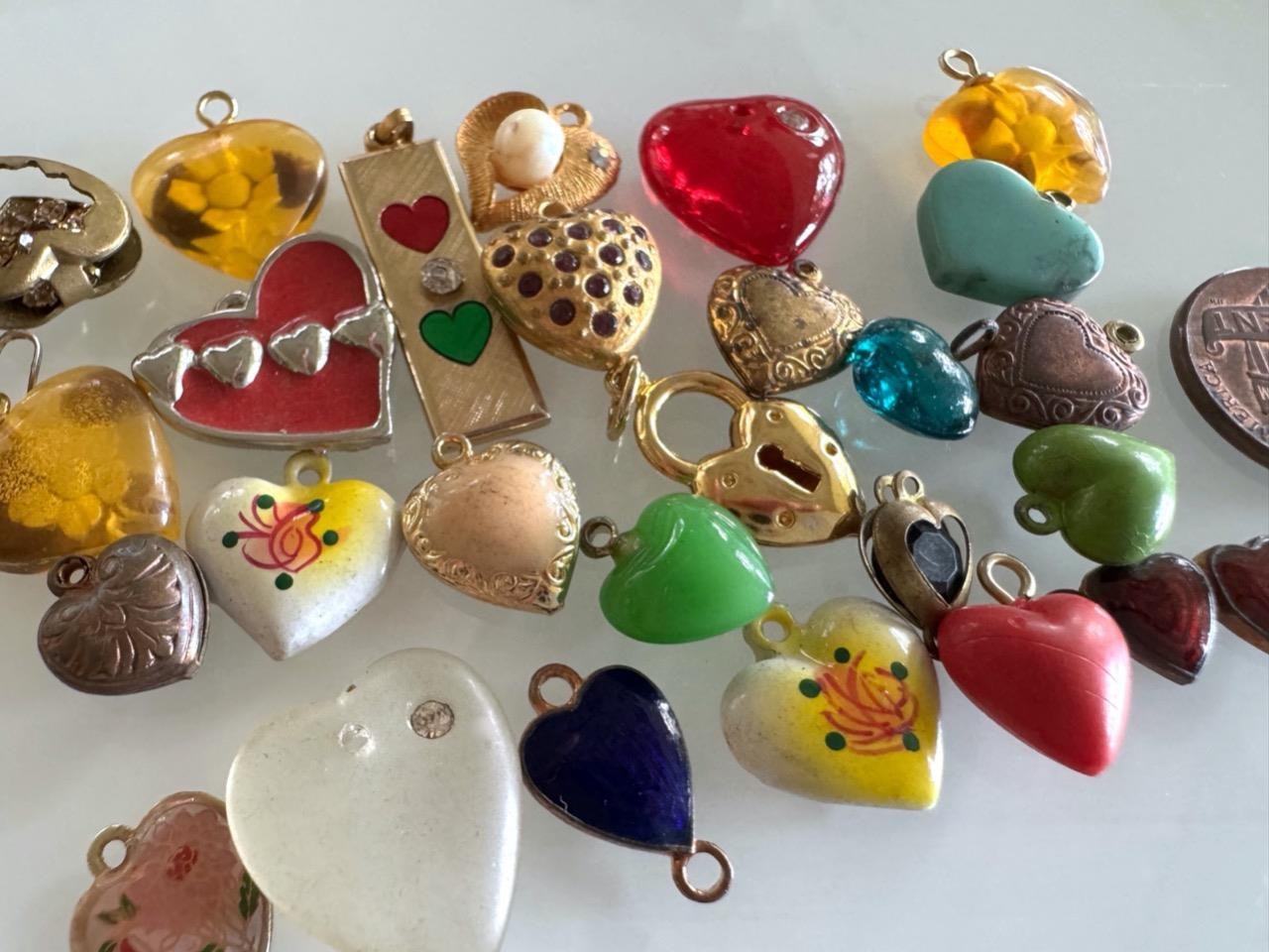 Vintage Fancy Heart Charms Lot Glass Metal Lucite 25 Pieces