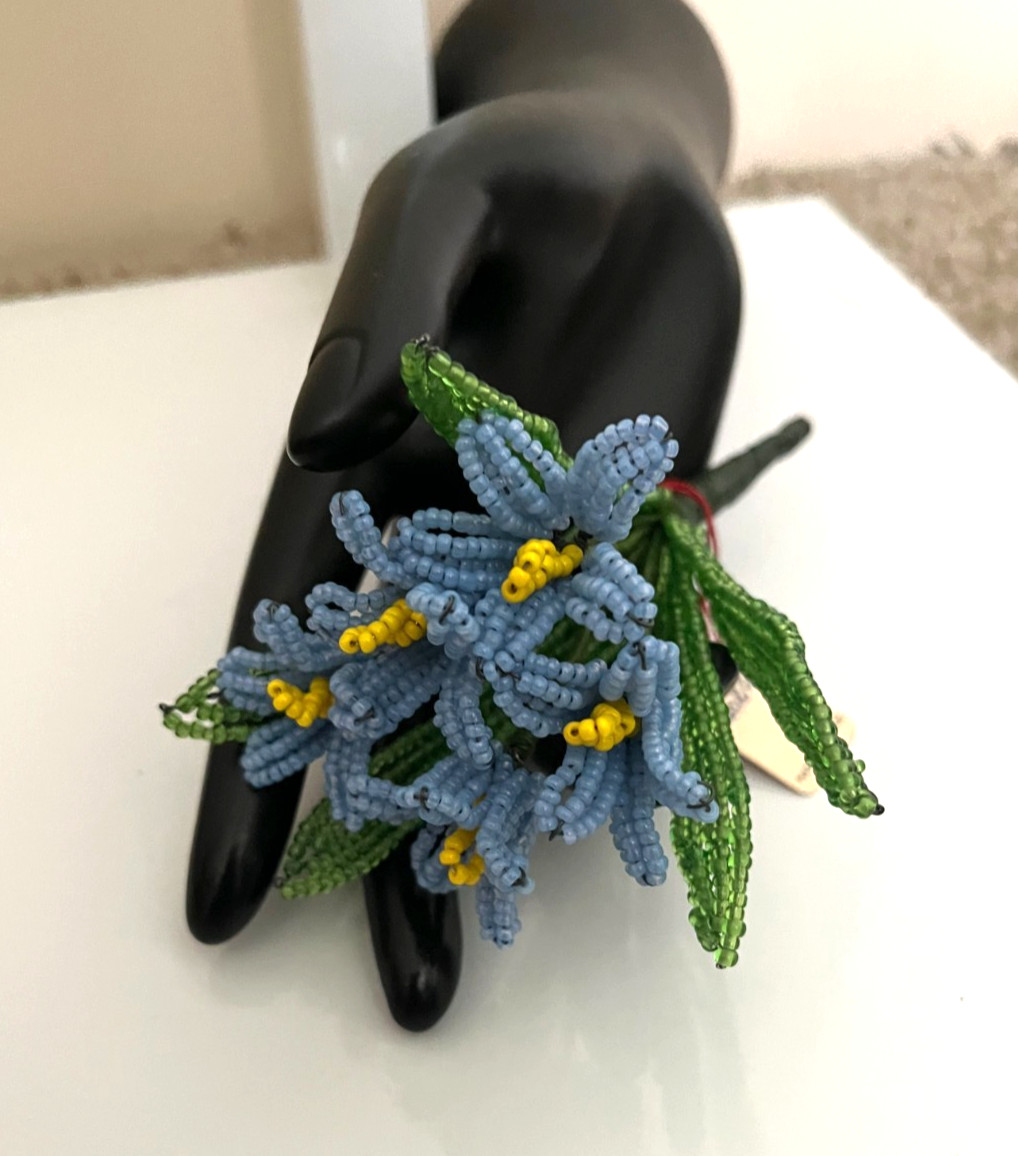 VTG FRENCH BEADED GLASS FLOWER BOUQUET HANDMADE BLUE BLOOMS NEW WITH TAG