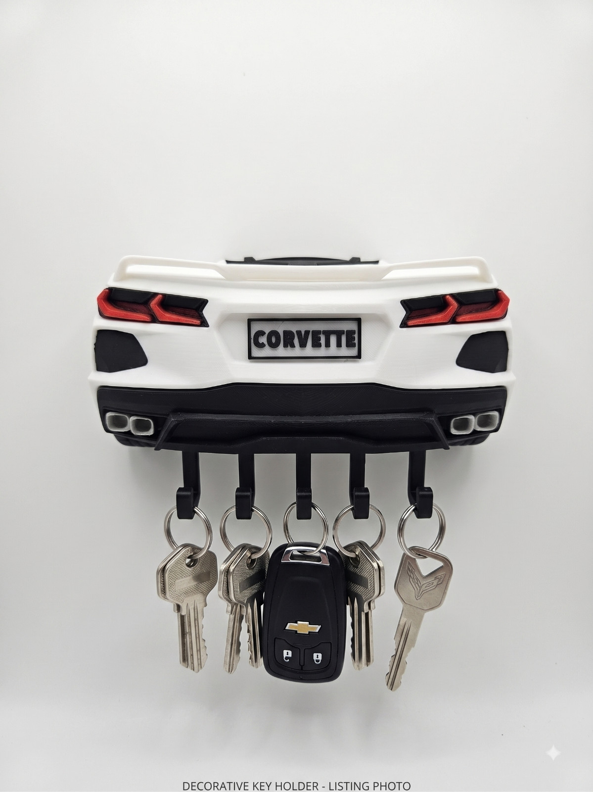 C8 Corvette Shaped Rear Key Holder W/ Integrated hooks. 3D Printed Wall Mounted