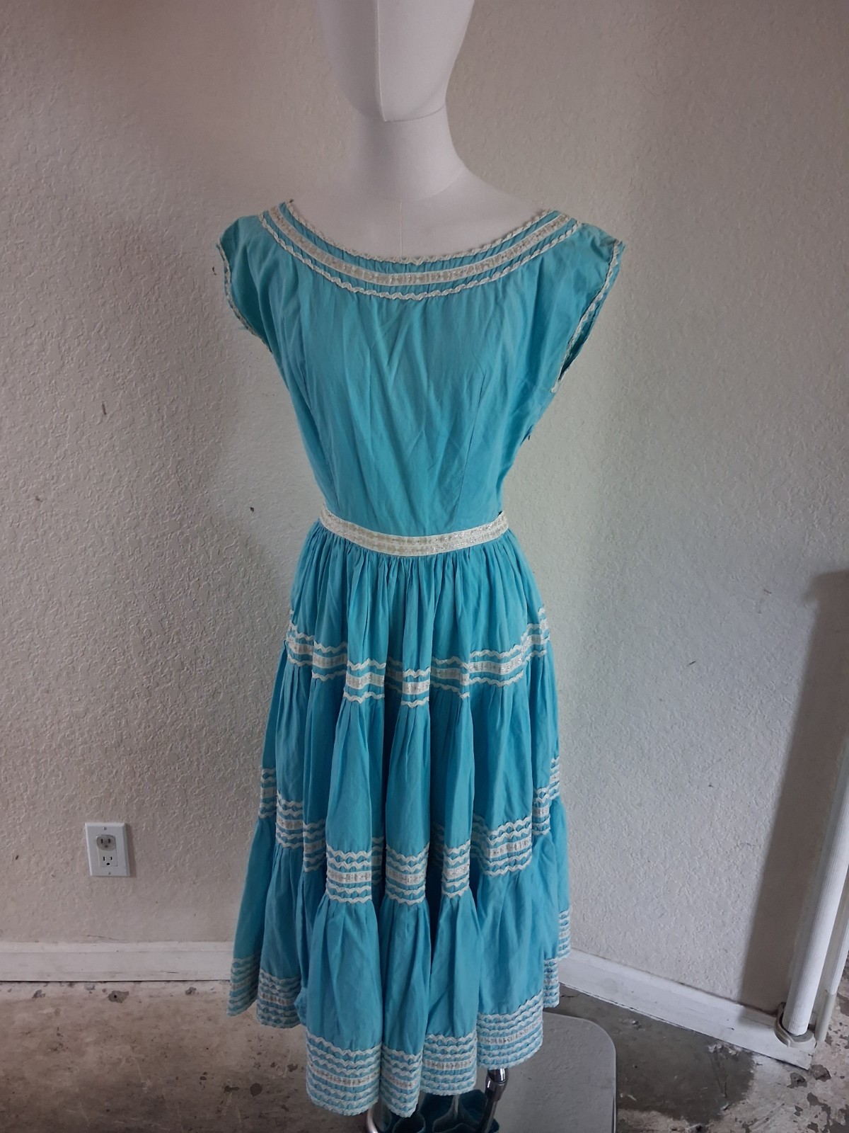60s 70s Handmade Blue Dress With White Embellishments NO Tags 60s 70s Handmade Blue Dress With White Embellishments NO Tags