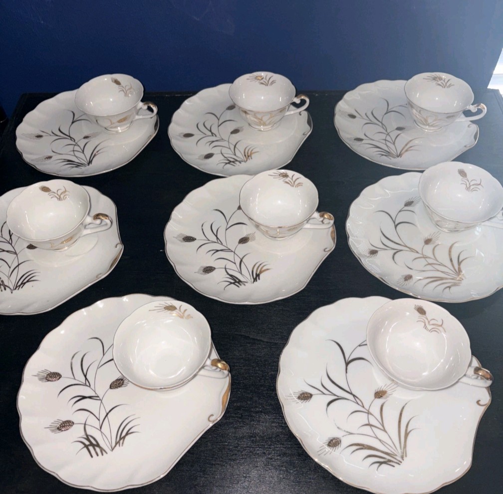 VINTAGE Lefton China Golden Wheat Snack Plates & Teacups Gold Trim Japan Set of8