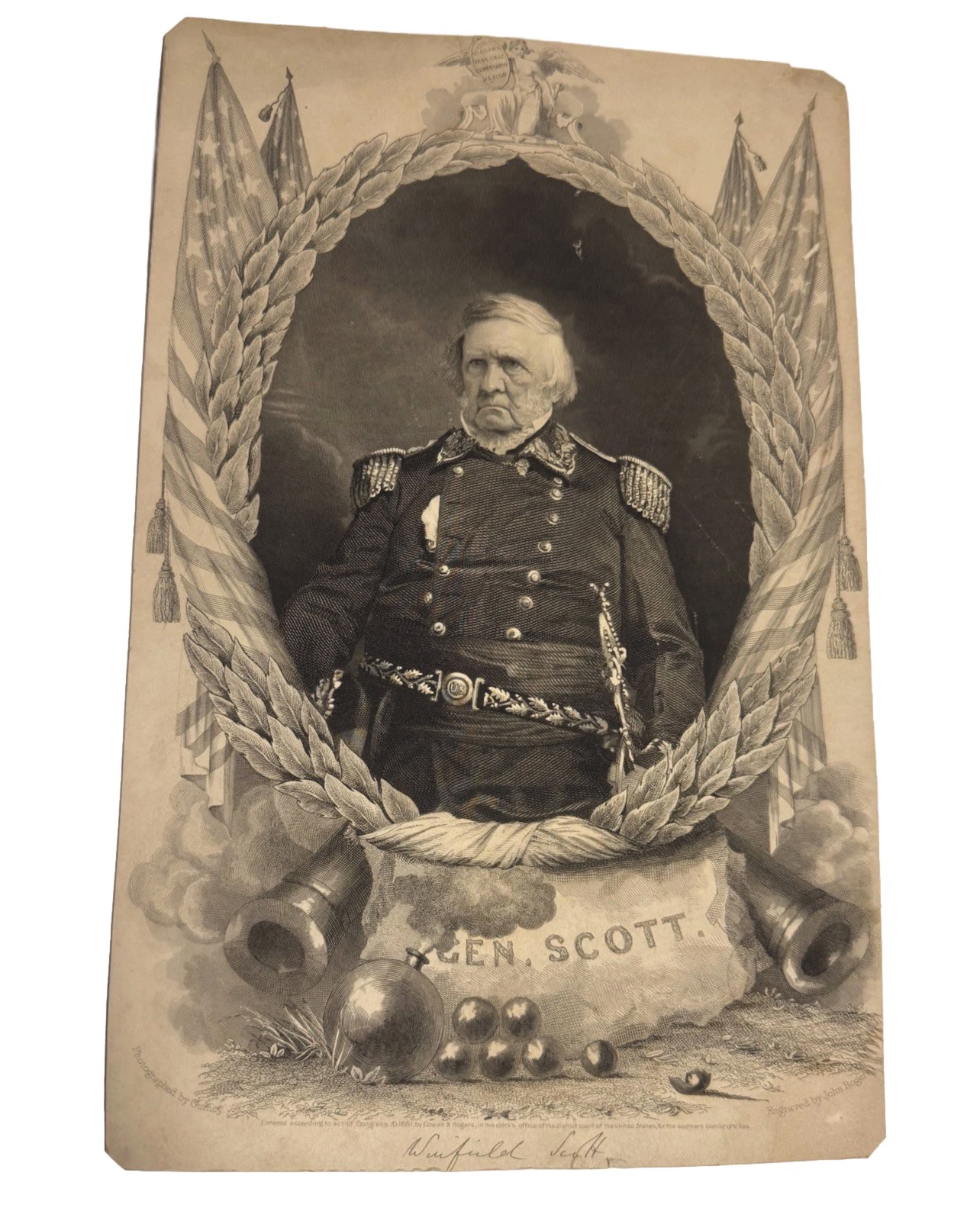 1861 Gen. Winfield Scott Civil War Portrait Engraving John Rogers Brady Original