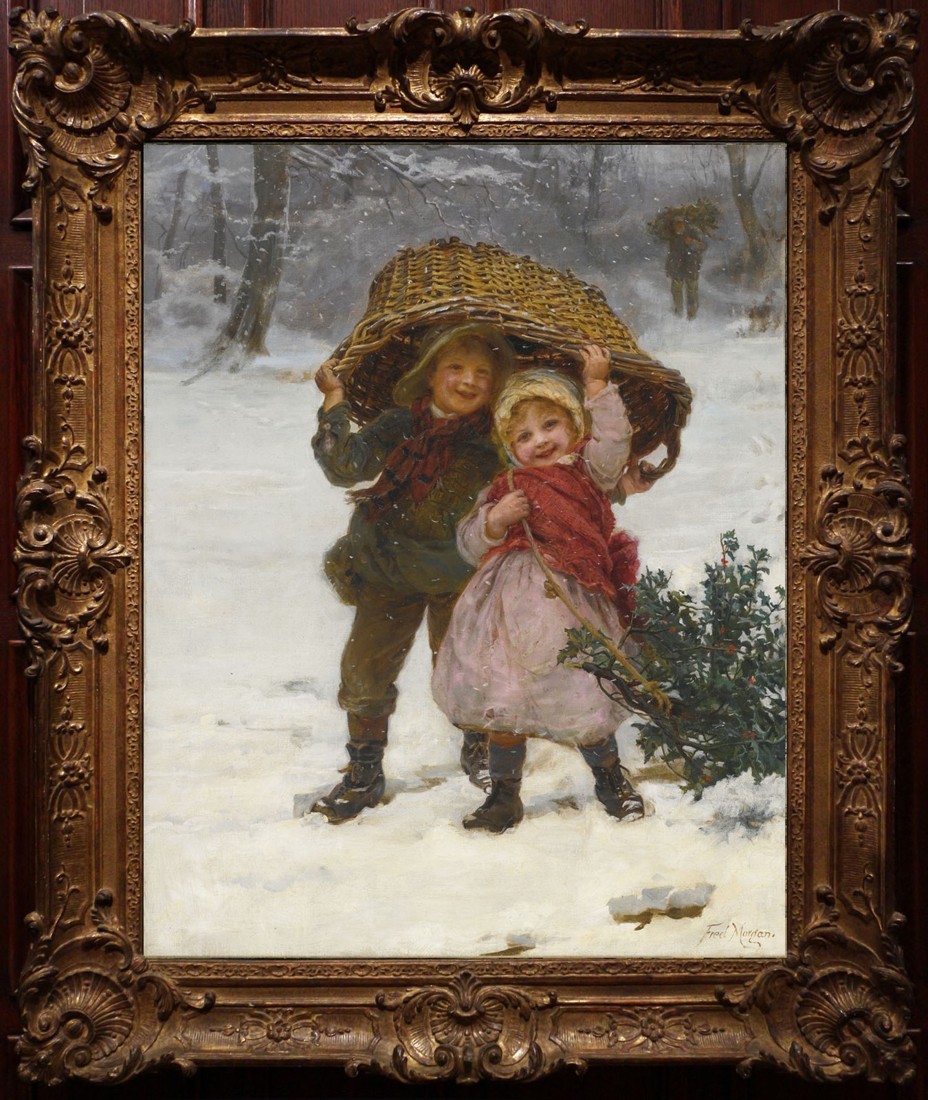 Antique Style Oil Painting Children in Snowy Winter Scene Classical Wall Art Antique Style Oil Painting Children in Snowy Winter Scene Classical Wall Art