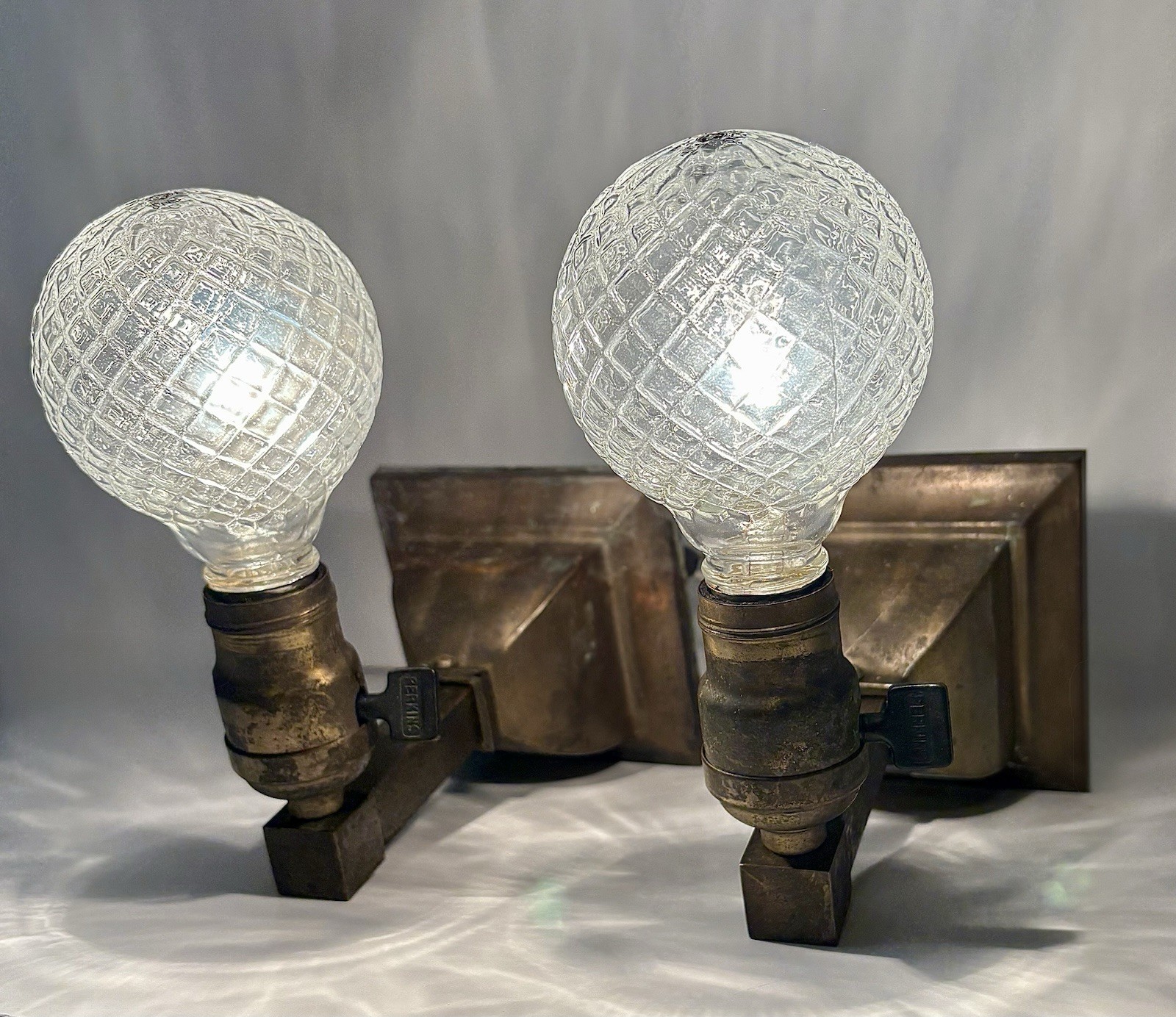 Antique Late 1800s Original Gothic Mission Arts Brass Copper Light Wall Sconces