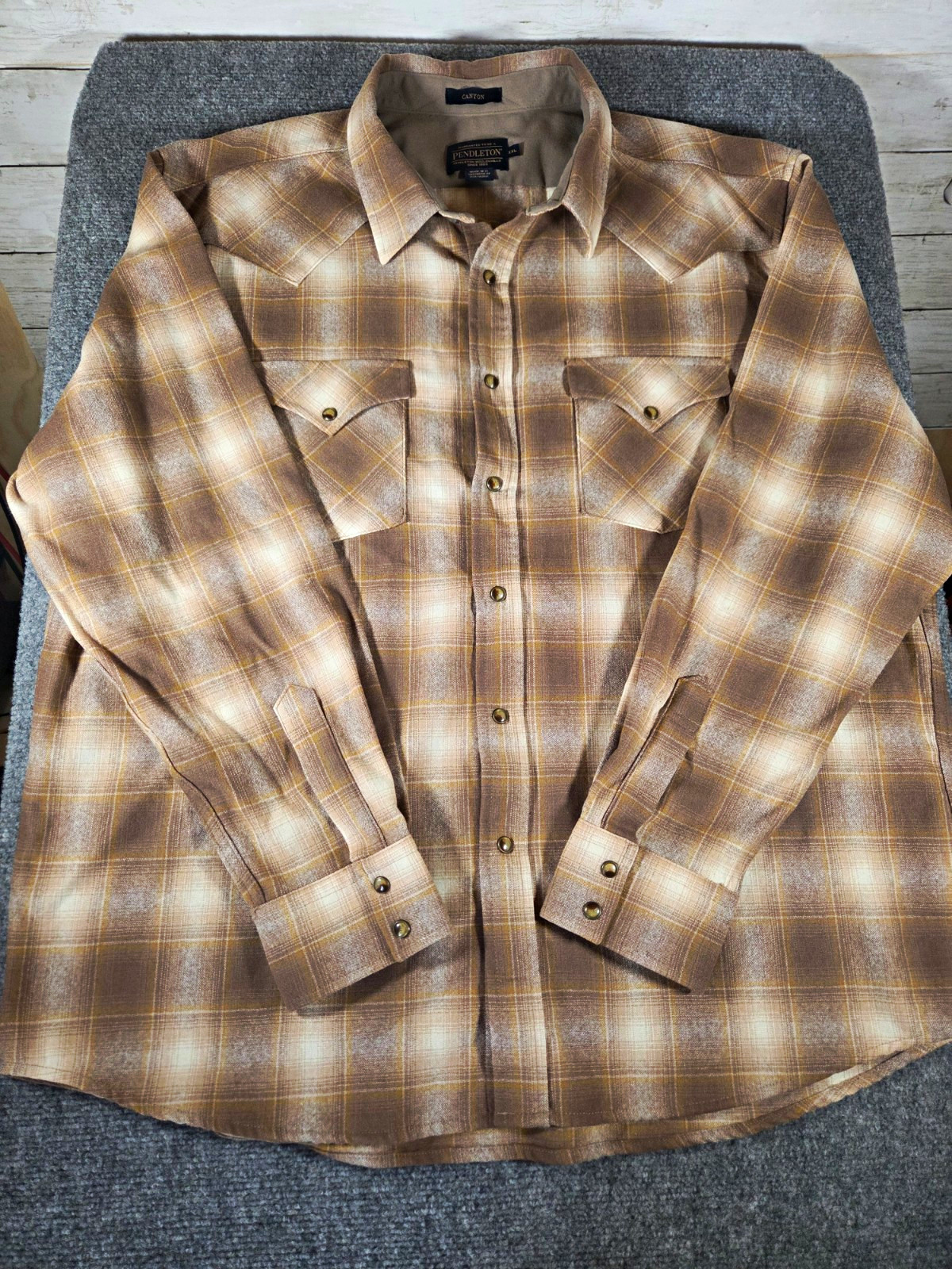 Pendleton Canyon Mens XXL Virgin Wool Plaid Western Pearl Snap Shirt Tan