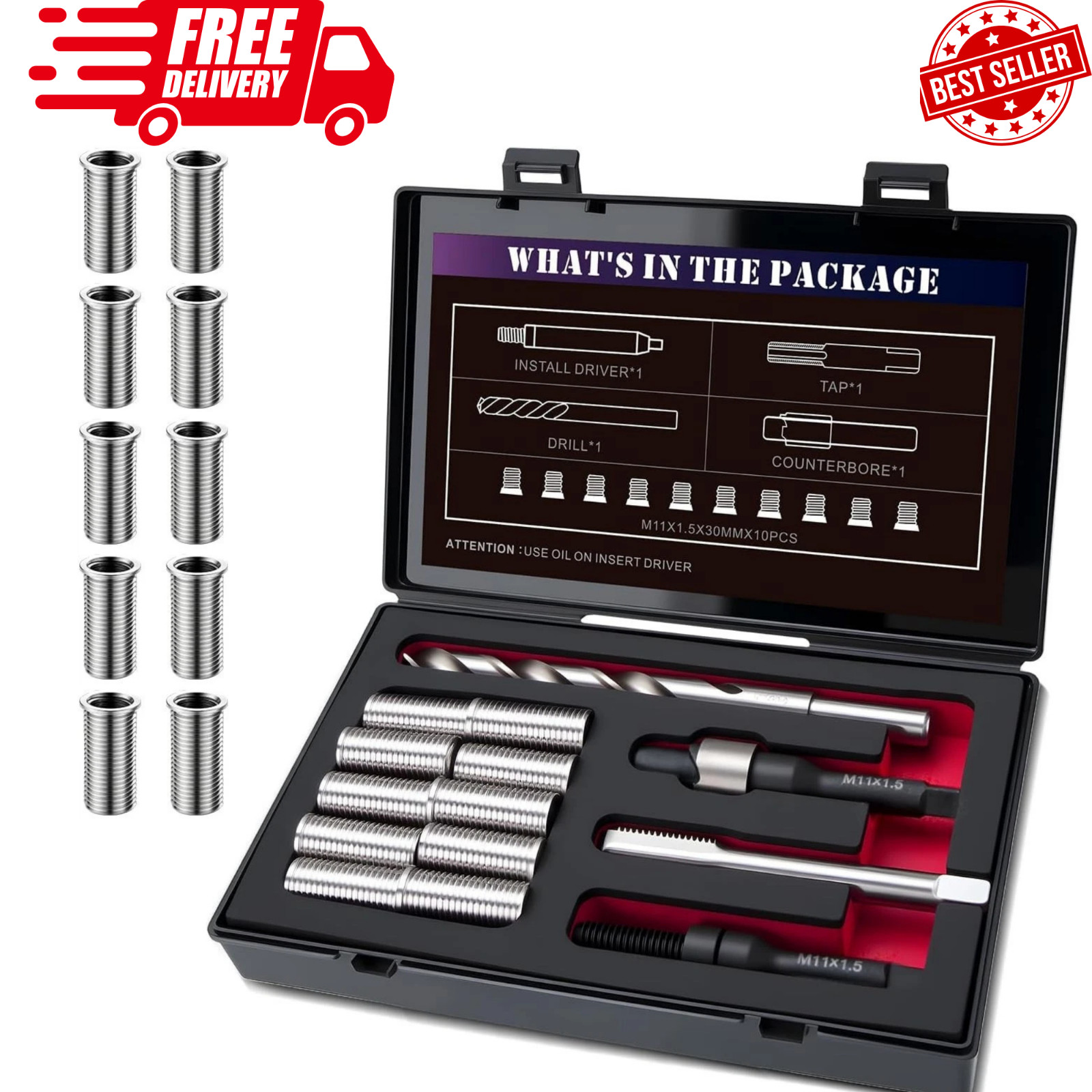 M11X1.5 Metric Thread Repair Kit with Insert HSS Drill, Tap, Counterbore, Instal M11X1.5 Metric Thread Repair Kit with Insert HSS Drill, Tap, Counterbore, Instal
