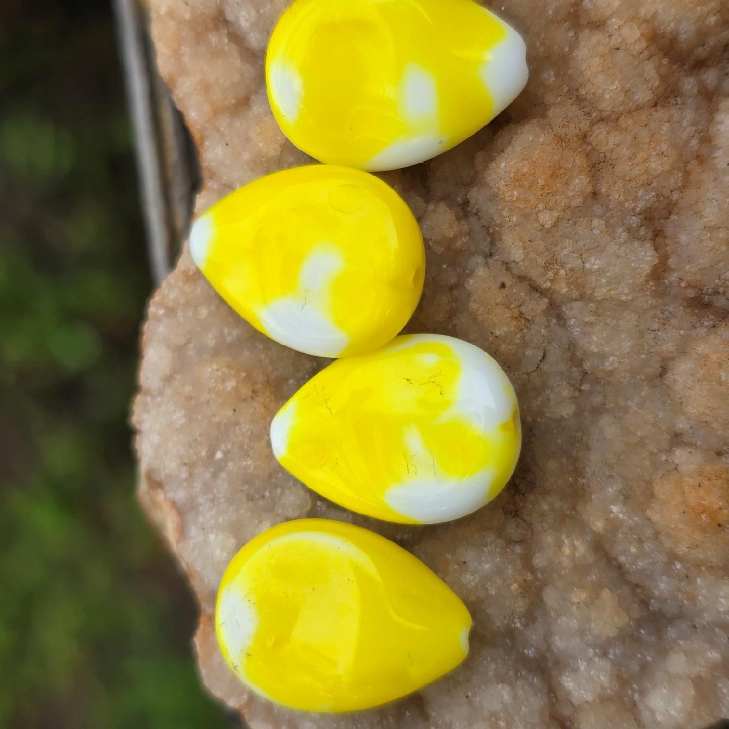 4 pc.  Lot Vintage German Glass Yellow & White Teardrop Beads 18mm