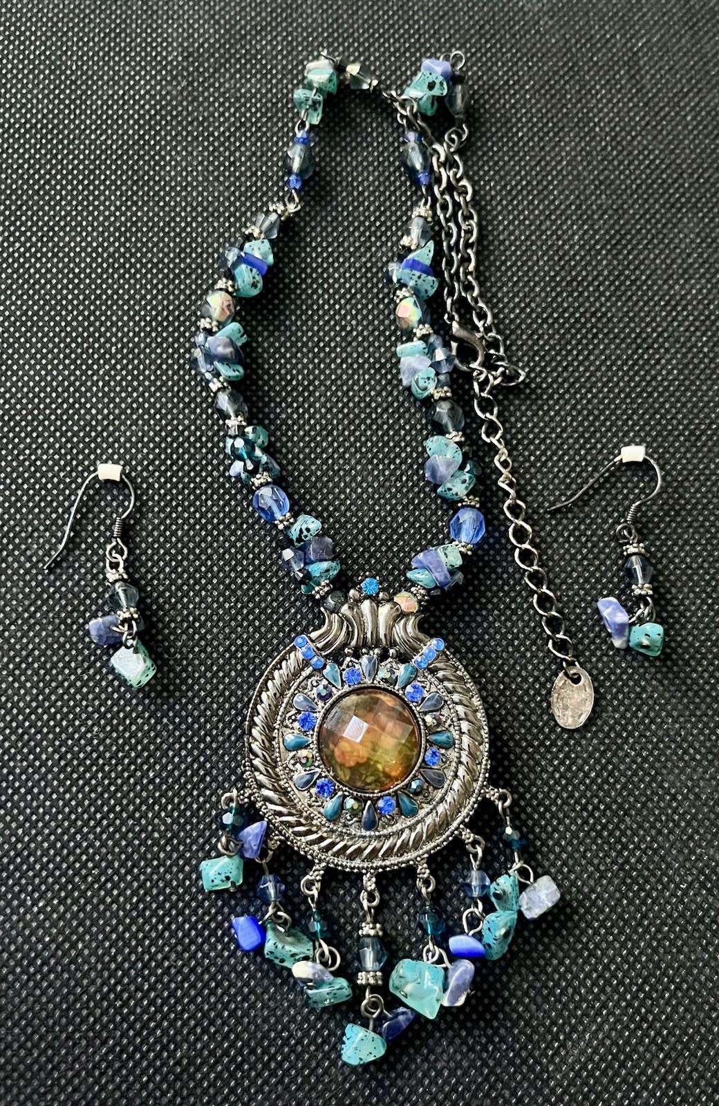 Vintage Blue Beaded Bohemian Pewter Tone Cabochon Necklace & Earrings Set MCM