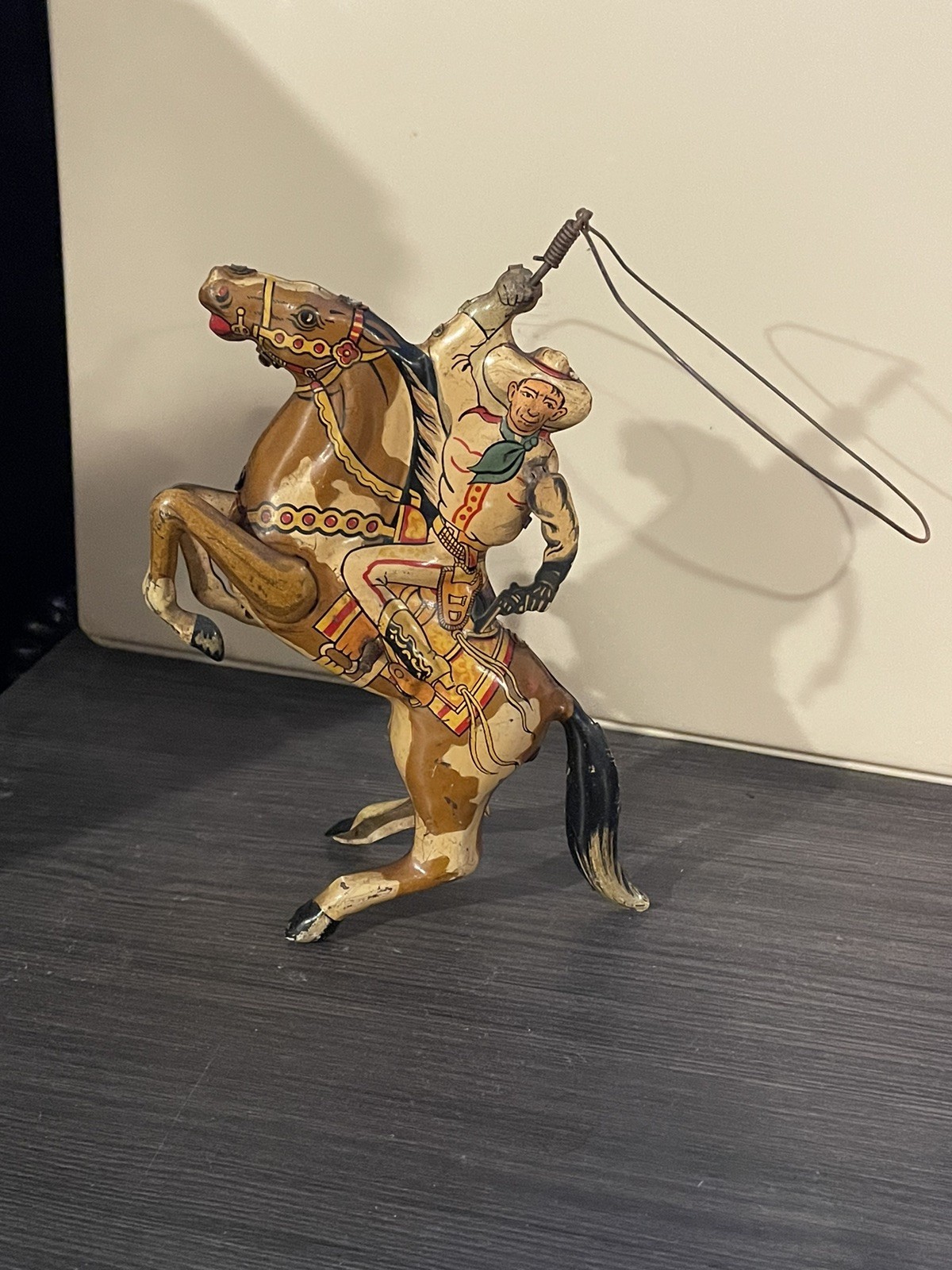 Vtg 1940s Marx Range Rider Tin Litho Wind Up Cowboy Toy WORKING Spinning Lasso