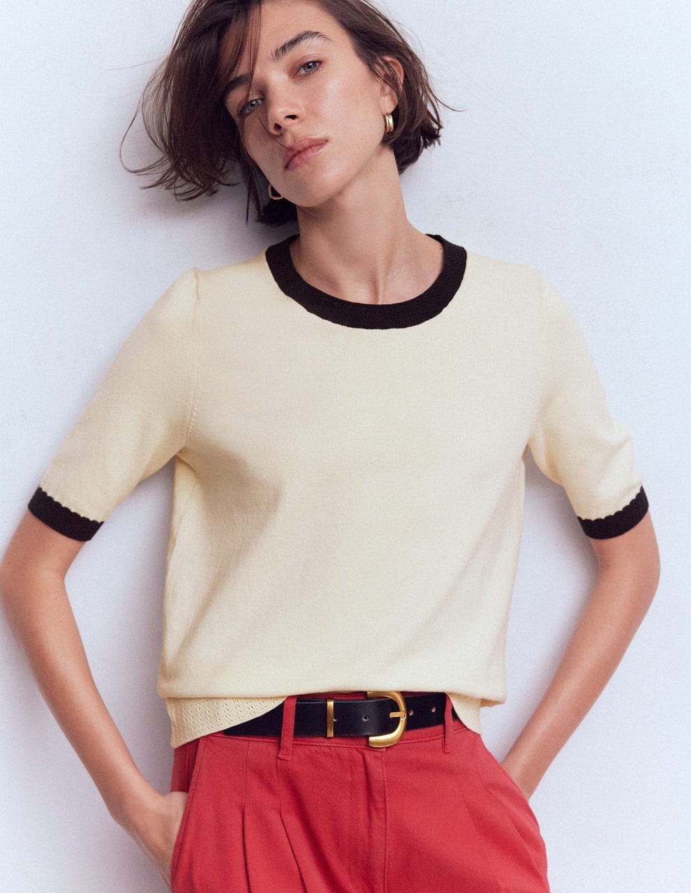 Boden Women\'s Emilia Short Sleeve Cotton Knit Sweater Tee Cream Size Medium BNWT