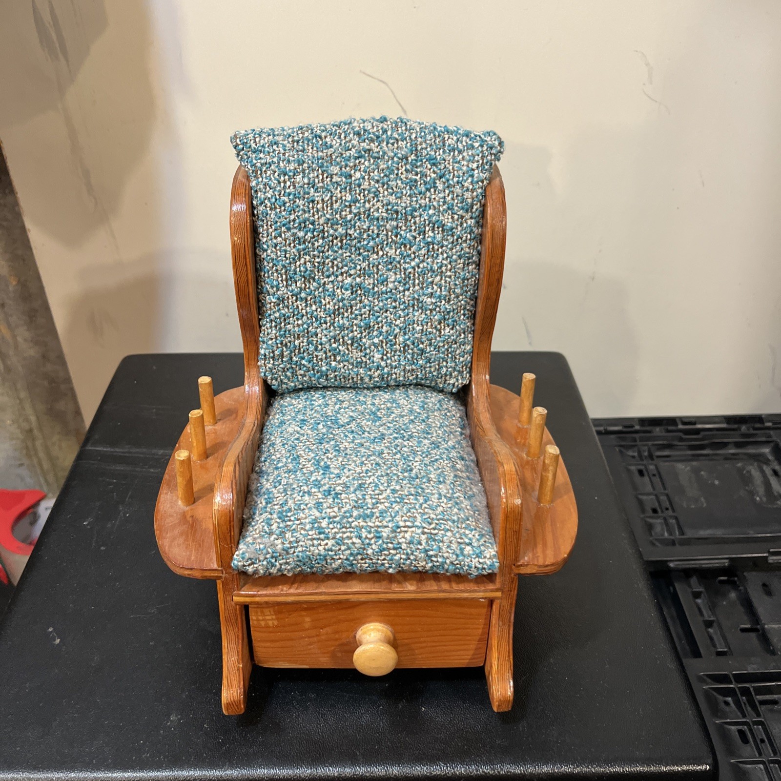 Vtg Wooden Sewing Caddy Rocking Chair 6 Spool, Drawer, Pin Cushion, Scissor Spot