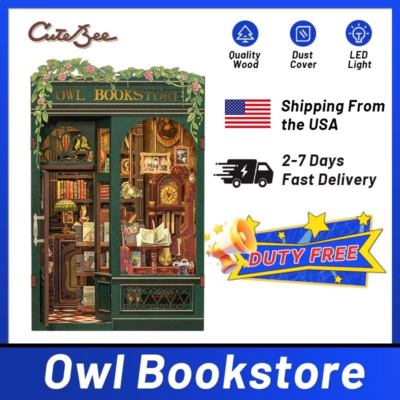 Owl Bookstore DIY Miniature Wooden Dollhouse Kit 17cm/6.7in LED Light Model