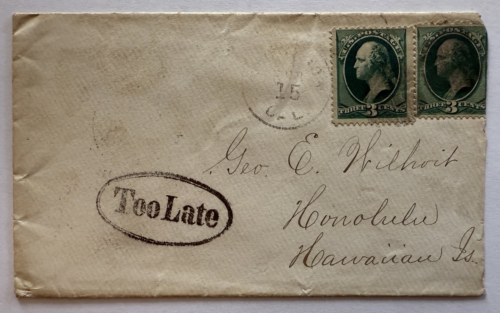 1870s San Francisco to Honolulu Hawaiian Is TOO LATE Cover 3c Pair 6c GB111