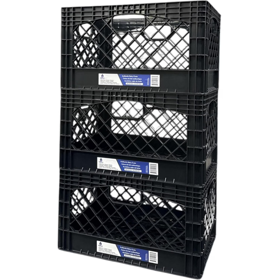 24QT Milk Crate 3 Pack Heavy Duty Stackable Storage Bin Plastic Black 24QT Milk Crate 3 Pack Heavy Duty Stackable Storage Bin Plastic Black