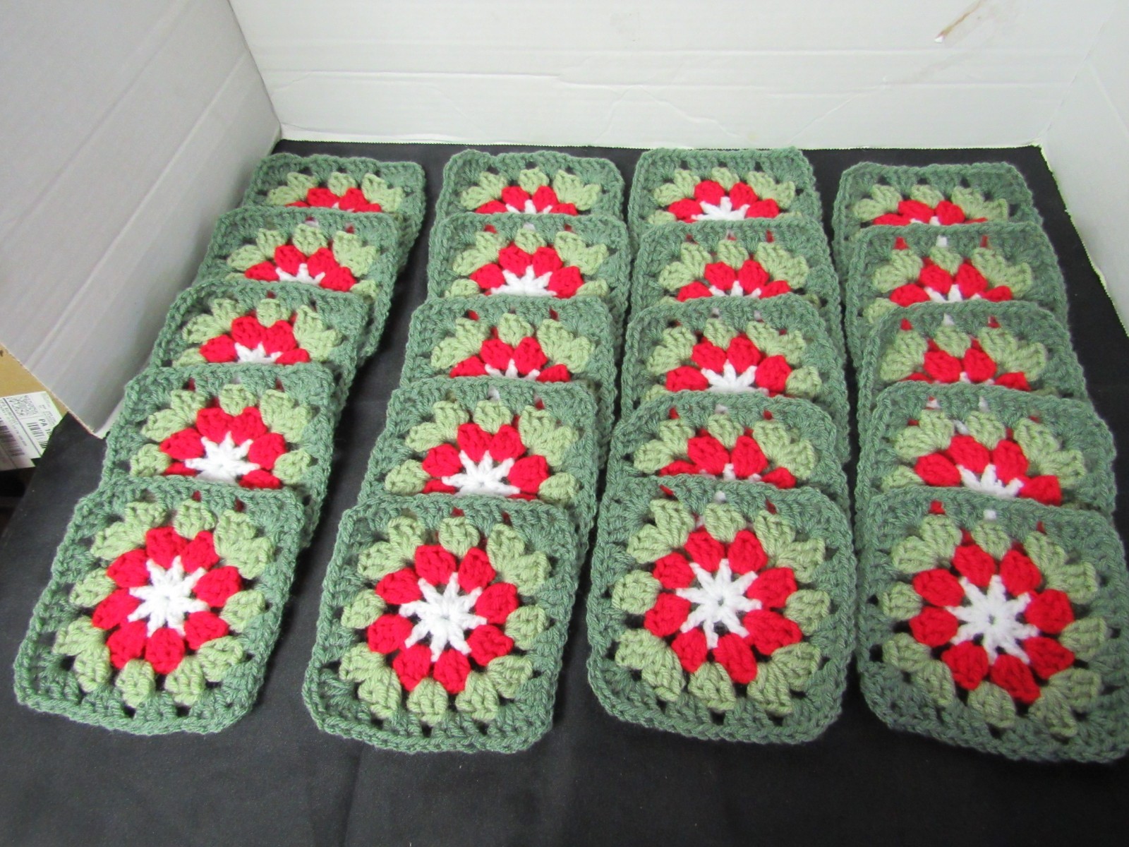 Lot of 20 5” Crochet Granny Squares, Floral, White, Red, 2 Shades of Green Lot of 20 5” Crochet Granny Squares, Floral, White, Red, 2 Shades of Green