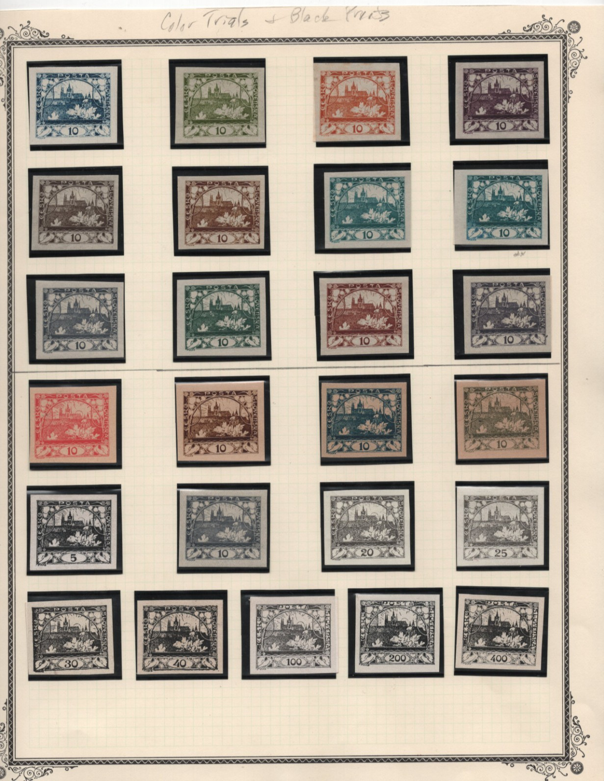 CZECHOSLOVAKIA 1918 FIRST DESIGNS COLOR TRIAL PROOFS COLLECTION OF 25