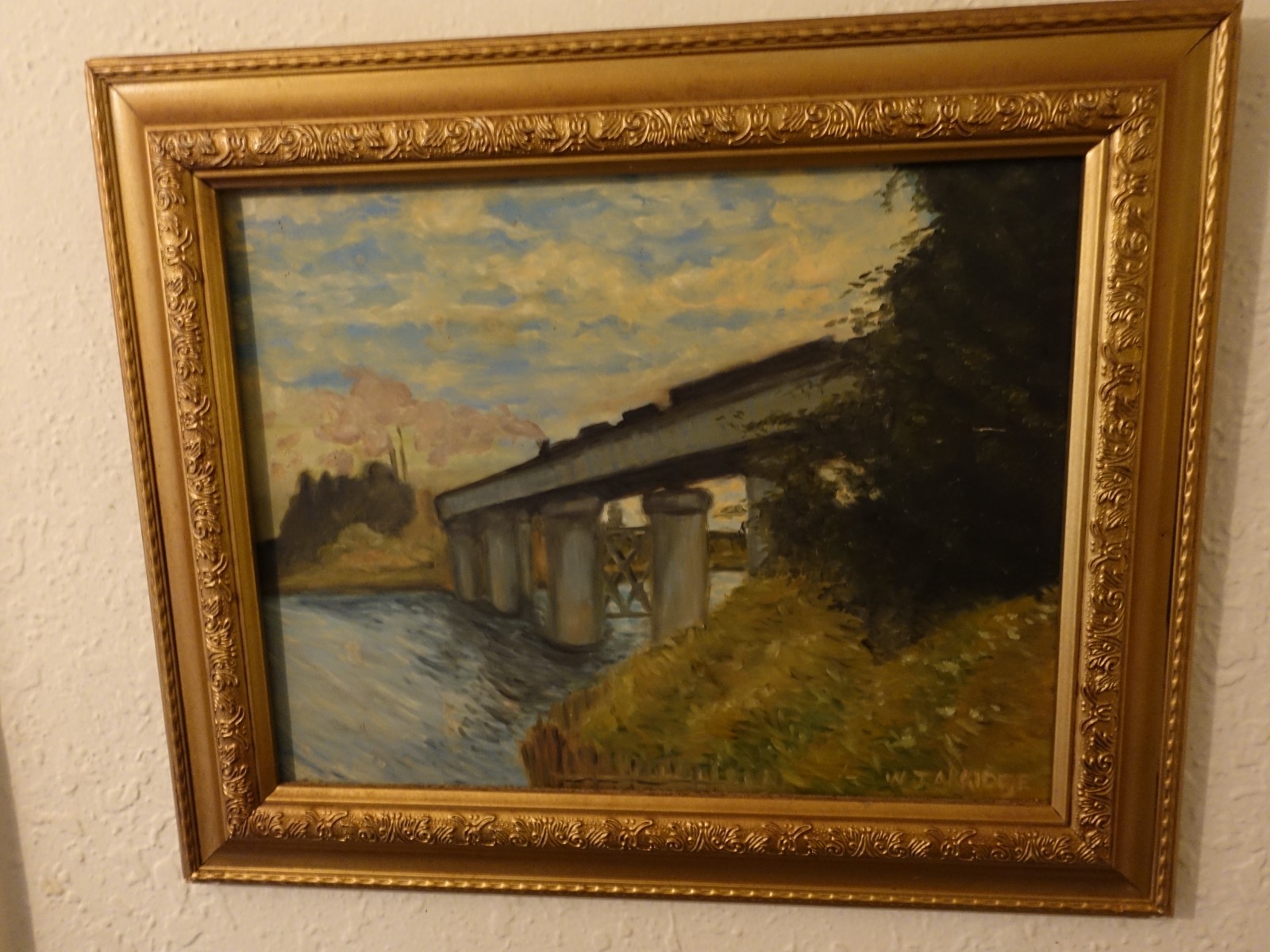 Vintage Framed Oil Painting from France, With Train going over a Bridge Vintage Framed Oil Painting from France, With Train going over a Bridge