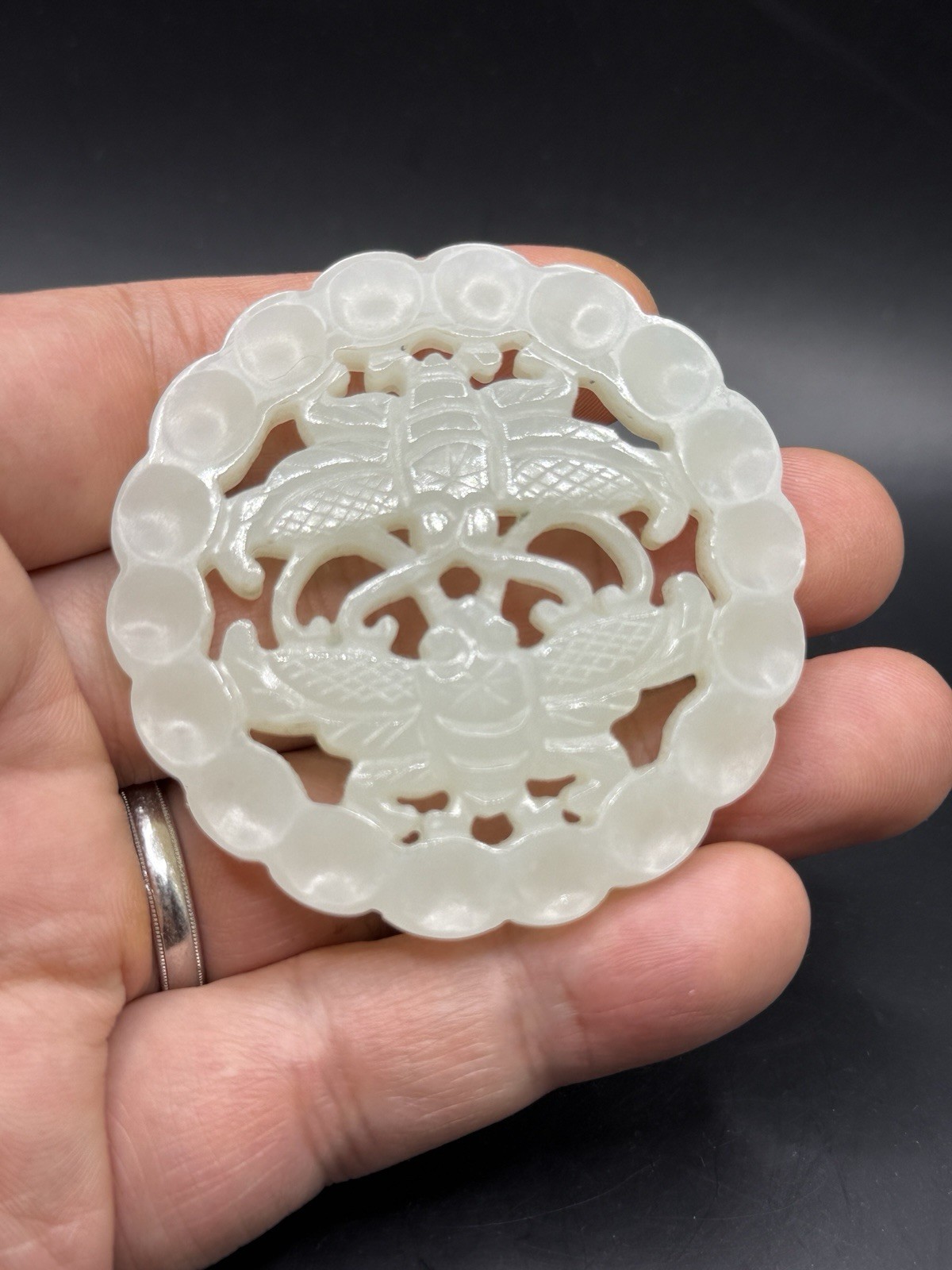 Antique Chinese White Nephrite Hand-Carved Pendant with Butterflies Motif 58mm Antique Chinese White Nephrite Hand-Carved Pendant with Butterflies Motif 58mm