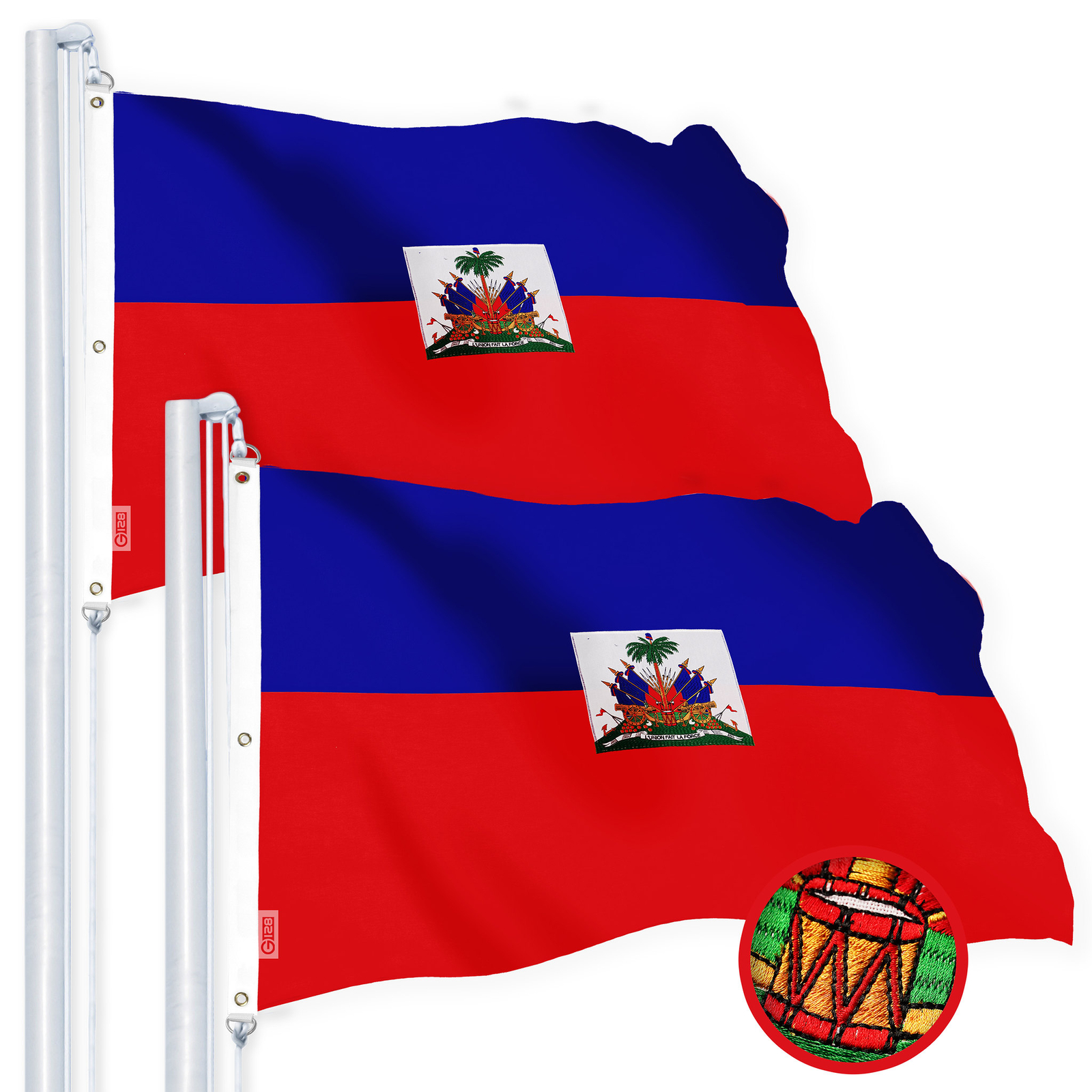 G128 2 Pack: Haiti Haitian Flag 5x8 Ft Spun Poly, Country Flag, Embroidered