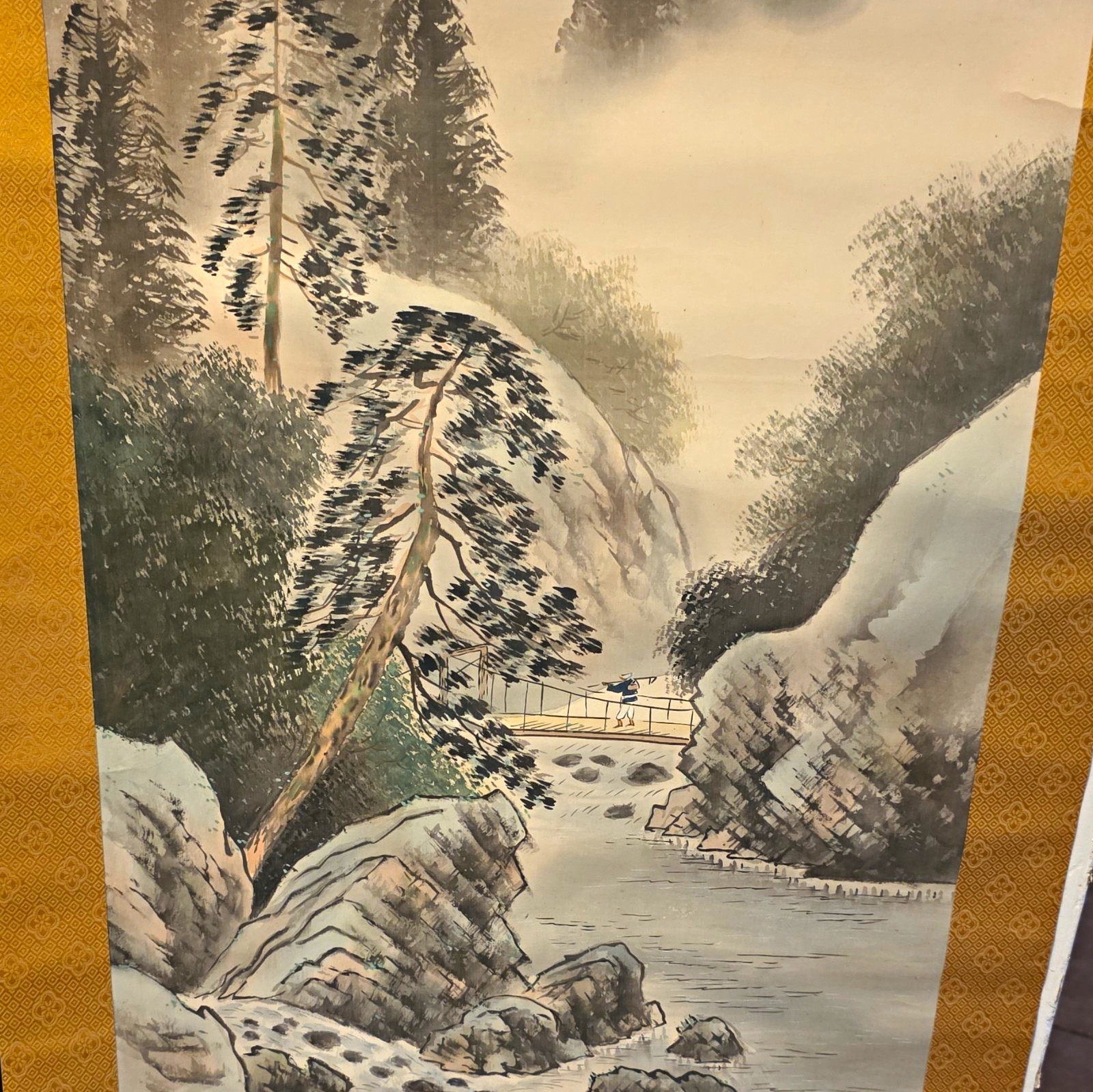 Vintage Silk Japanese Hanging Scroll Landscape
