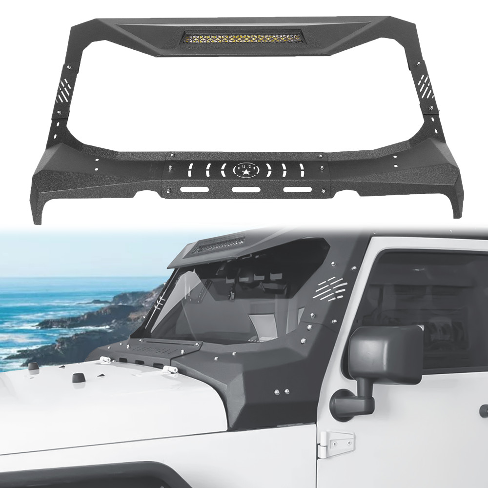 For Jeep Wrangler JK 07-18 Armor Windshield Frame Cover Visor Cowl w/ LED Lights