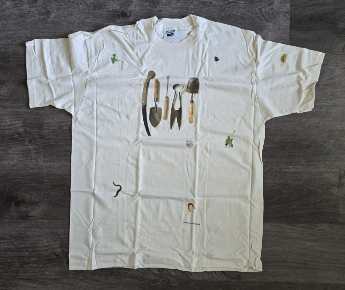 VTG 1997 Relevant Products Garden Tools T Shirt Art Multi Print Nature Cream XL
