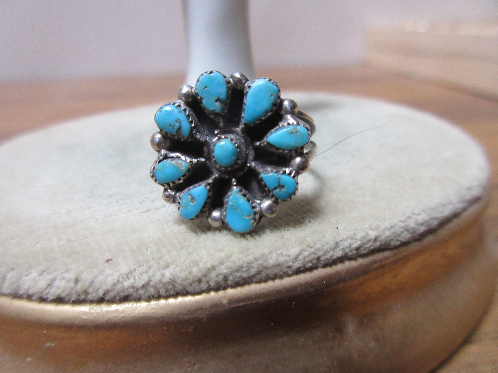 Vintg OLD PAWN Native American Sterling Silver Turquoise Petit Point Ring Size 6 Vintg OLD PAWN Native American Sterling Silver Turquoise Petit Point Ring Size 6
