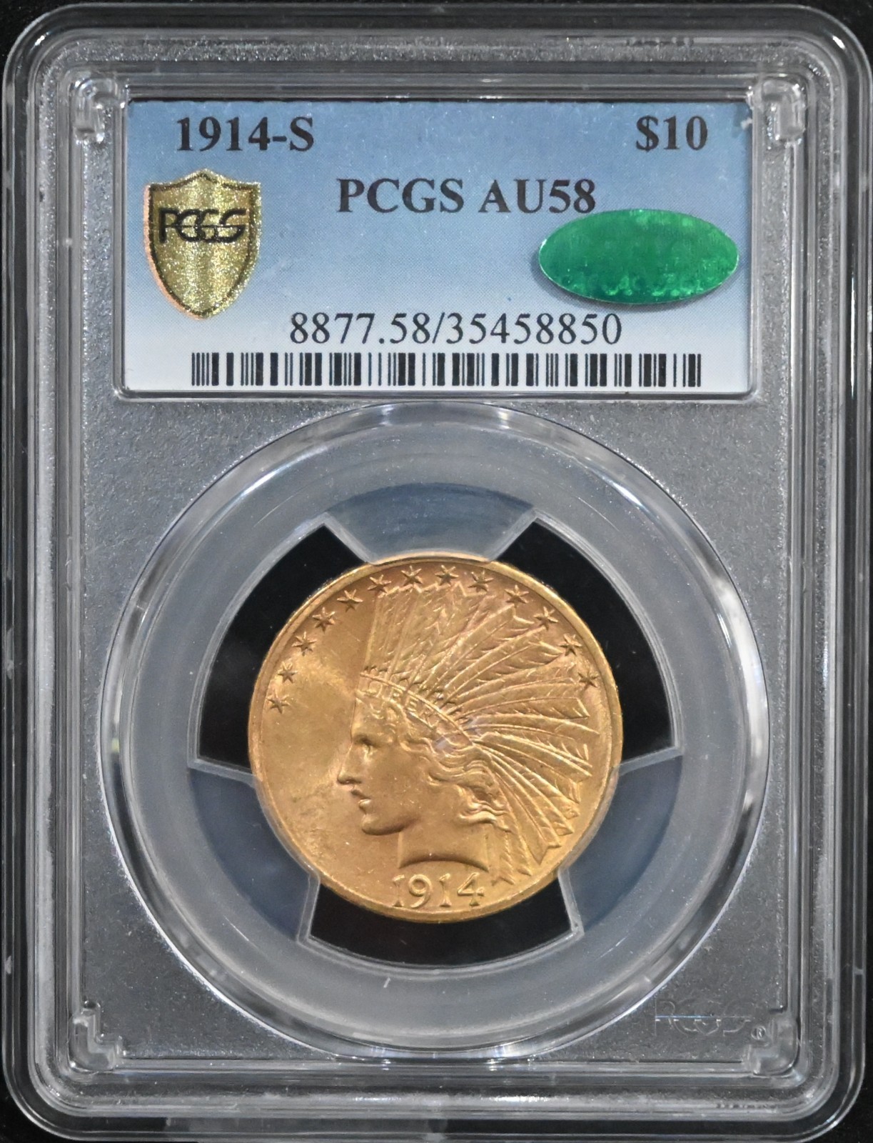 1914-S $10 Gold Indian Eagle Coin PCGS AU58 CAC PQ Tough Date 1914-S $10 Gold Indian Eagle Coin PCGS AU58 CAC PQ Tough Date
