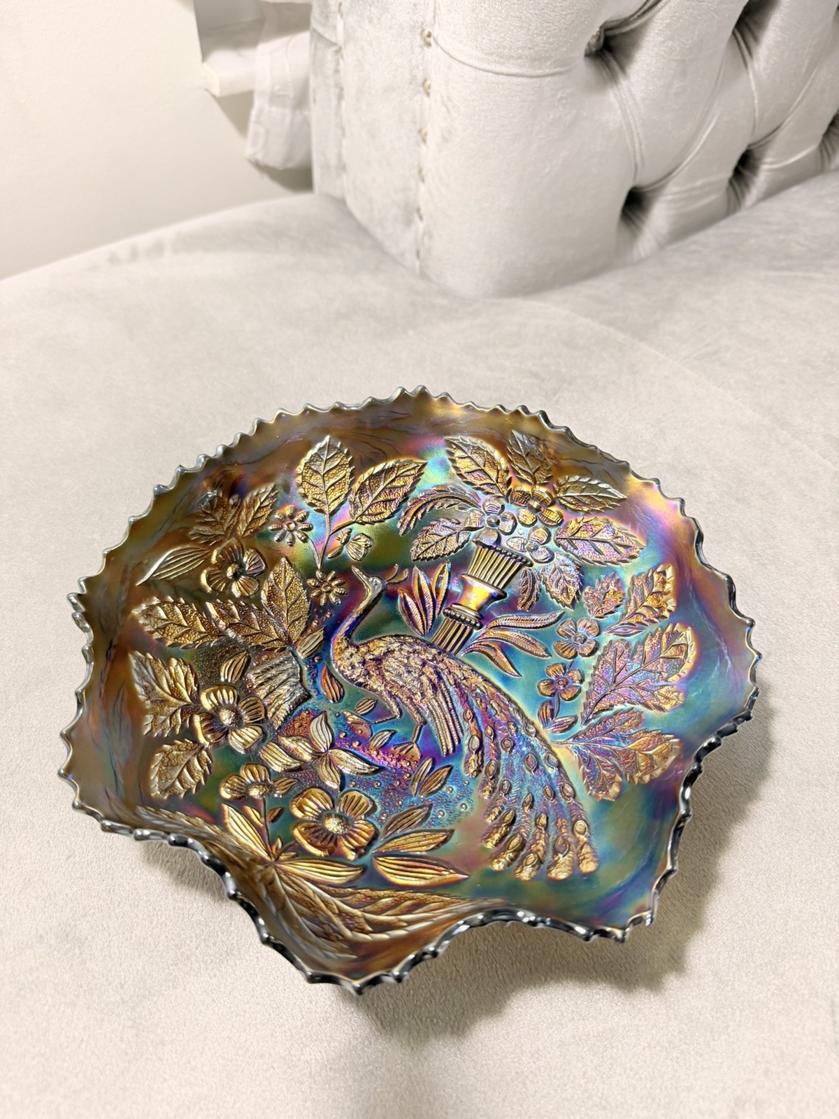 Antique Fenton Peacock & Urn ruffled Carnival Glass Bowl Iridescent Cobalt Blue