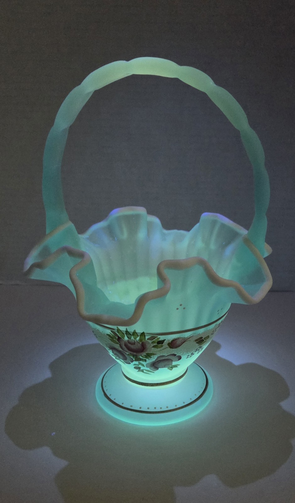 Fenton Glass Charleton Basket Blue Topaz Satin White Crest Signed UV Glows 2002 Fenton Glass Charleton Basket Blue Topaz Satin White Crest Signed UV Glows 2002