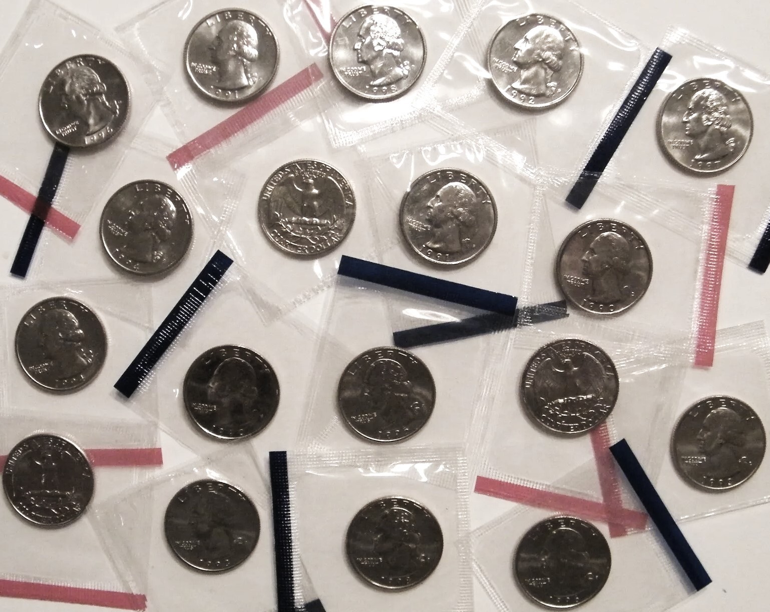 1990-1998 P D Uncirculated B.U. Washington Quarter U.S. Mint Cello 18 Coin Set
