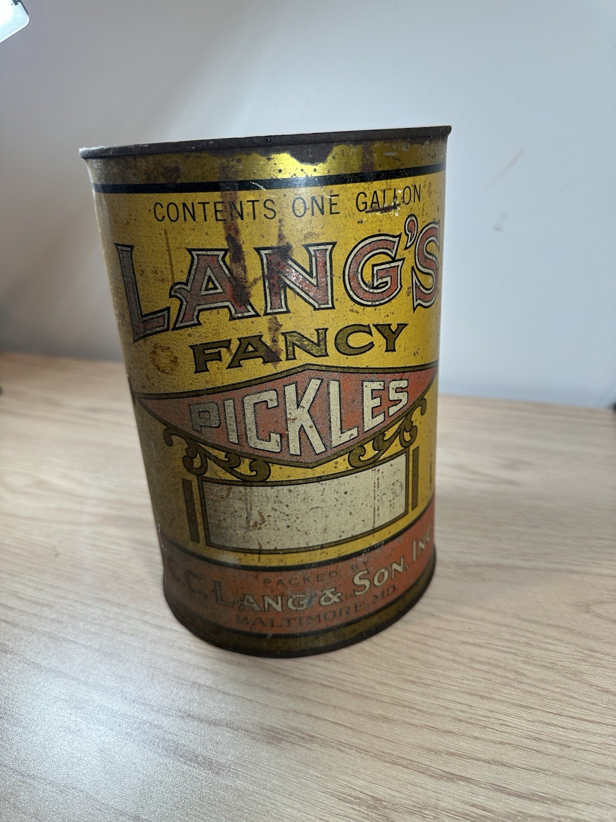 Vintage Lang\'s Fancy Pickles TIn Can One Gallon Baltimore MD C. C. Lang & Sons Vintage Lang\'s Fancy Pickles TIn Can One Gallon Baltimore MD C. C. Lang & Sons