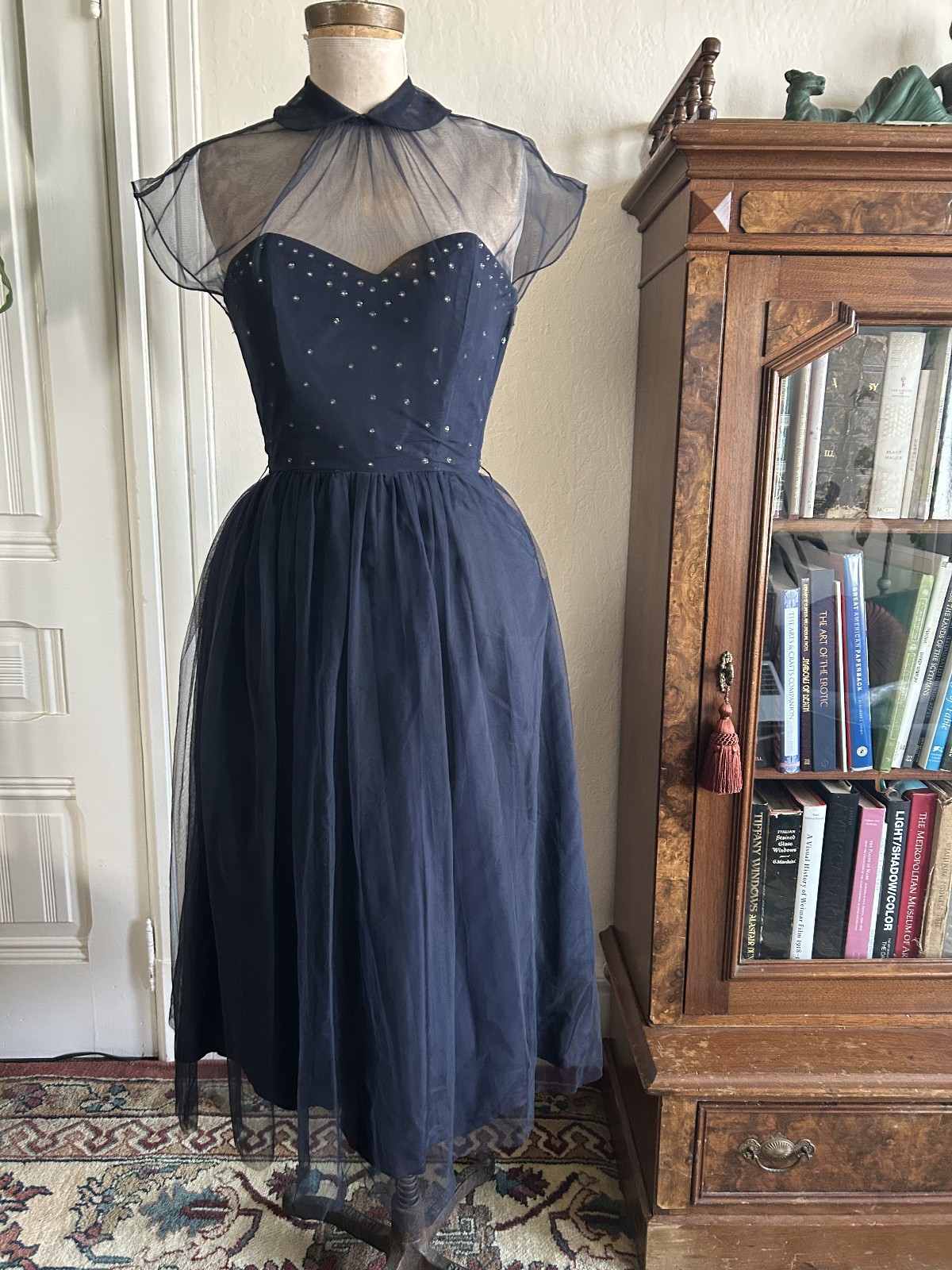Vintage 1950s Navy Blue Layered Tulle Sequin Party Dress Sheer Peter Pan 26W