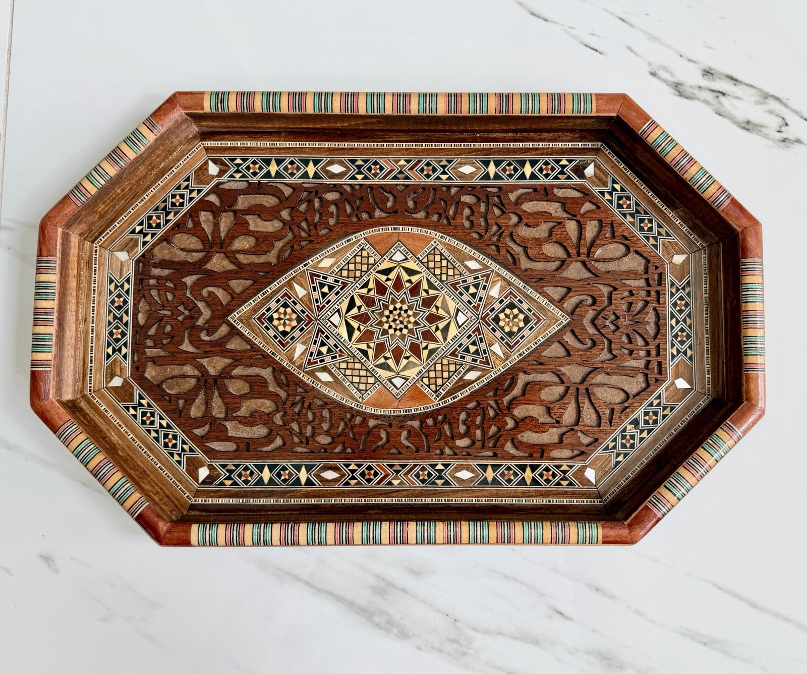 Handcrafted Wooden Tray with Mother-of-Pearl Inlay. 17.7 x 11.2 Inches Handcrafted Wooden Tray with Mother-of-Pearl Inlay. 17.7 x 11.2 Inches