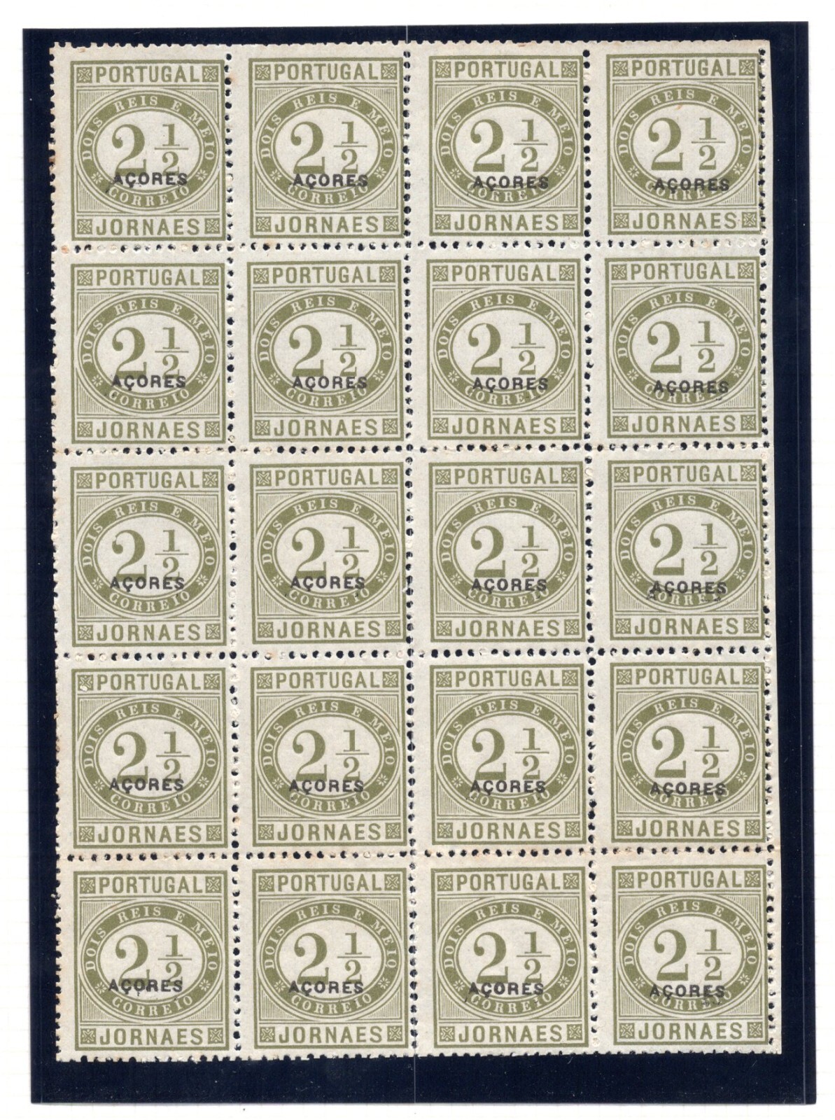 PORTUGAL AZORES 1876 NEWSPAPER STAMPS 2½R BLOCK OF 20 SC. #P4 MINT NH