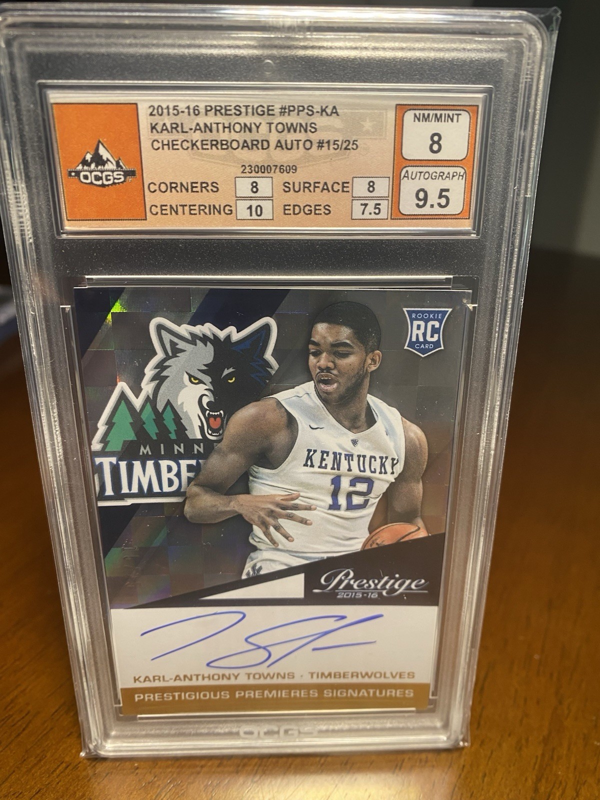 🔥🔥2015-16 Panini Prestige K-A Towns PPS-KA RC Auto Checkerboard /25 OCGS 8 🔥🔥2015-16 Panini Prestige K-A Towns PPS-KA RC Auto Checkerboard /25 OCGS 8