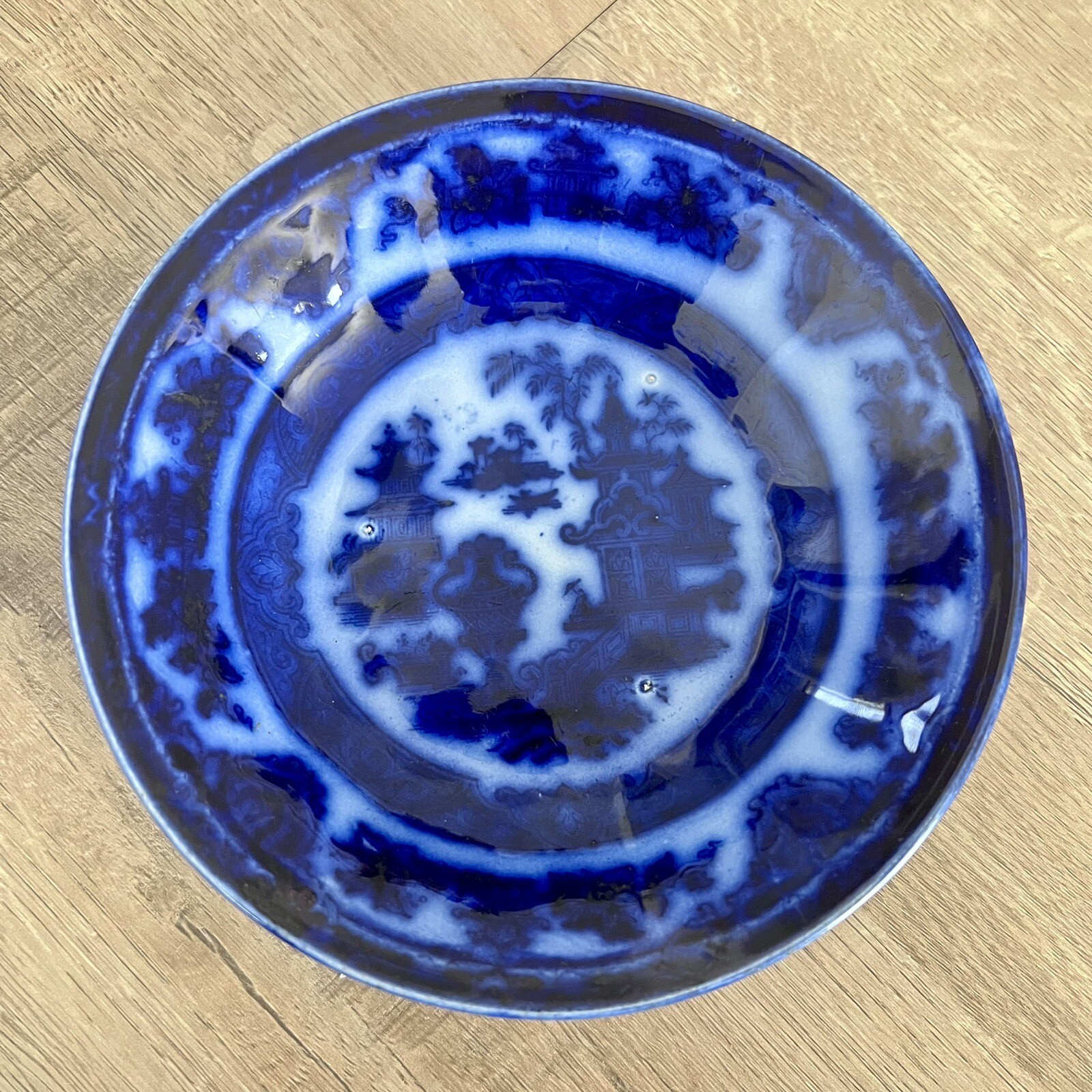 Antique Mid 19th C. PW & Co. Flow Blue Pearl Stone Temple Pattern Dish Plate 6\ Antique Mid 19th C. PW & Co. Flow Blue Pearl Stone Temple Pattern Dish Plate 6\