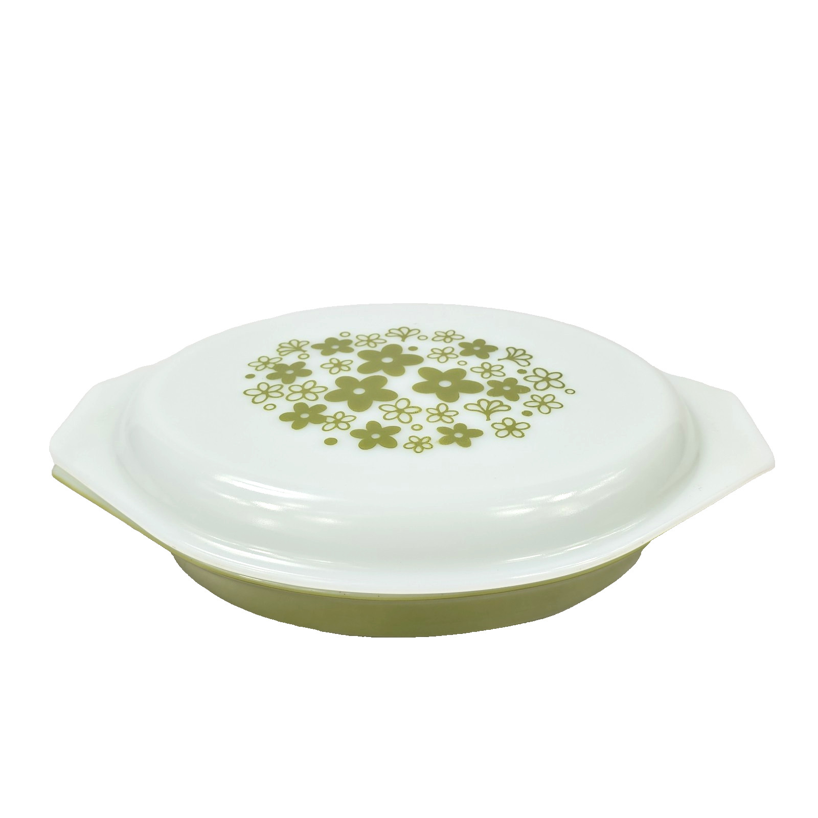 Pyrex Spring Blossom Daisy Divided Casserole 1 QT Green Never Used Pyrex Spring Blossom Daisy Divided Casserole 1 QT Green Never Used