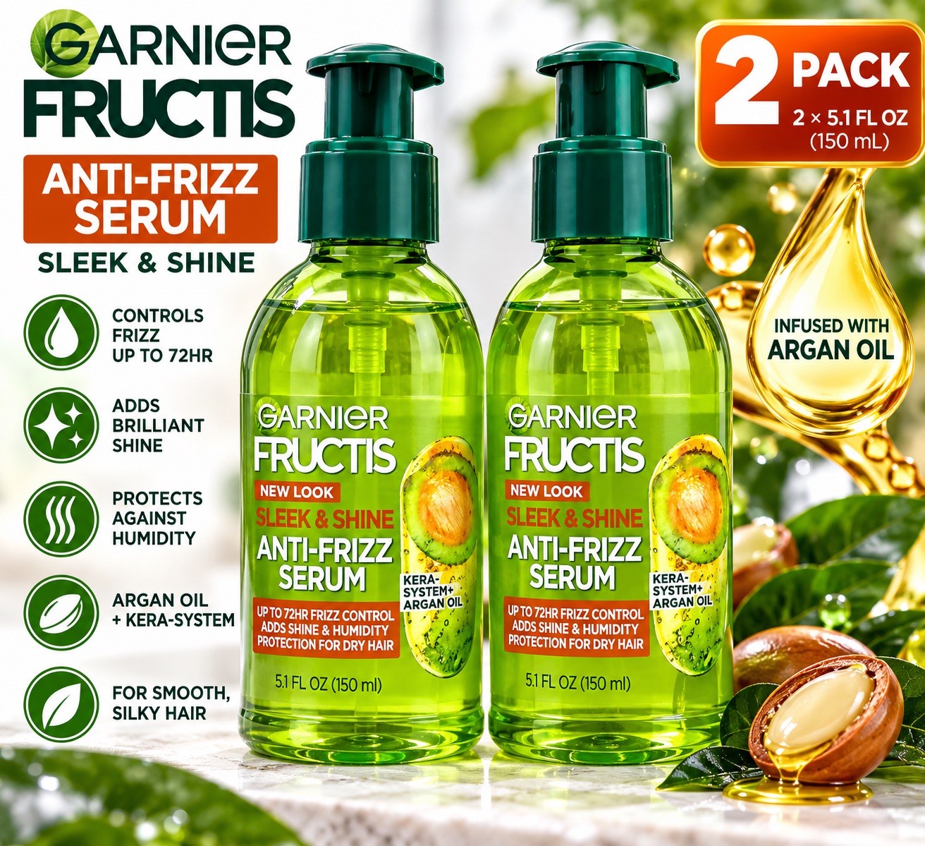 Garnier Fructis Sleek & Shine Anti-Frizz Serum  5.1oz  Lot of 2
